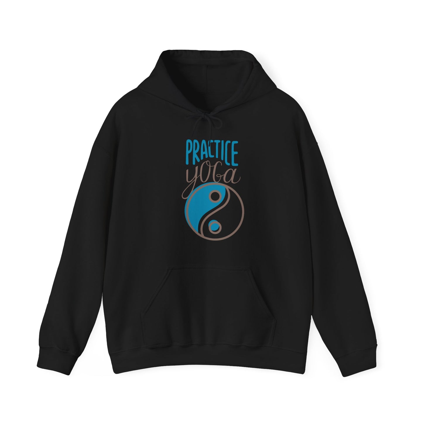 Unisex Heavy Blend™ Hooded Sweatshirt ADULT ACTIVEWEAR PRACTICE YOGA IN TEAL-BLUE AND BROWN WRITING W/ YING-YANG IMAGE