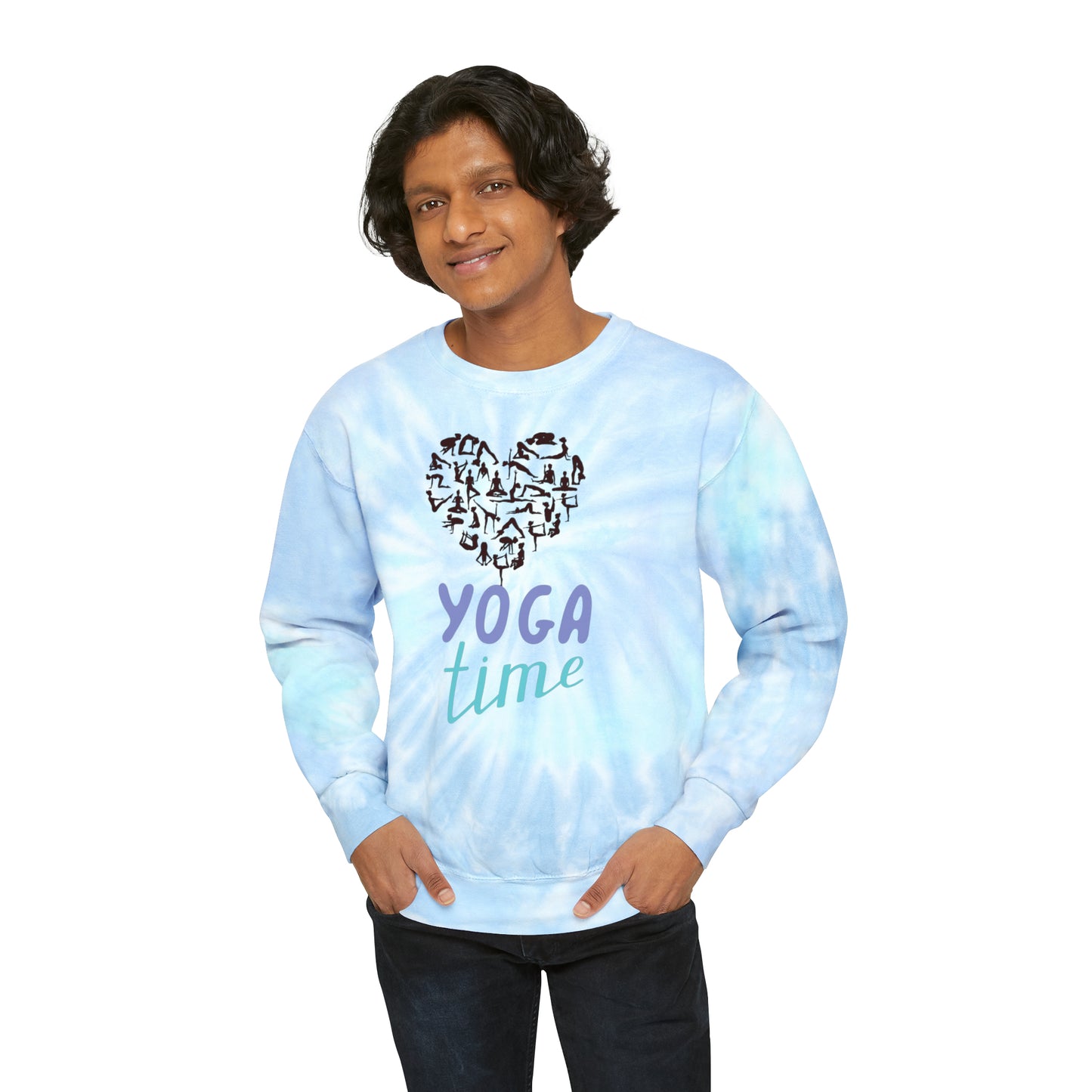 Unisex Tie-Dye Sweatshirt ADULT/TEEN ACTIVEWEAR YOGA TIME BLUE PURPLE WRITING HEART BLACK WITH BLACK HUMANS DOING YOGA POSES