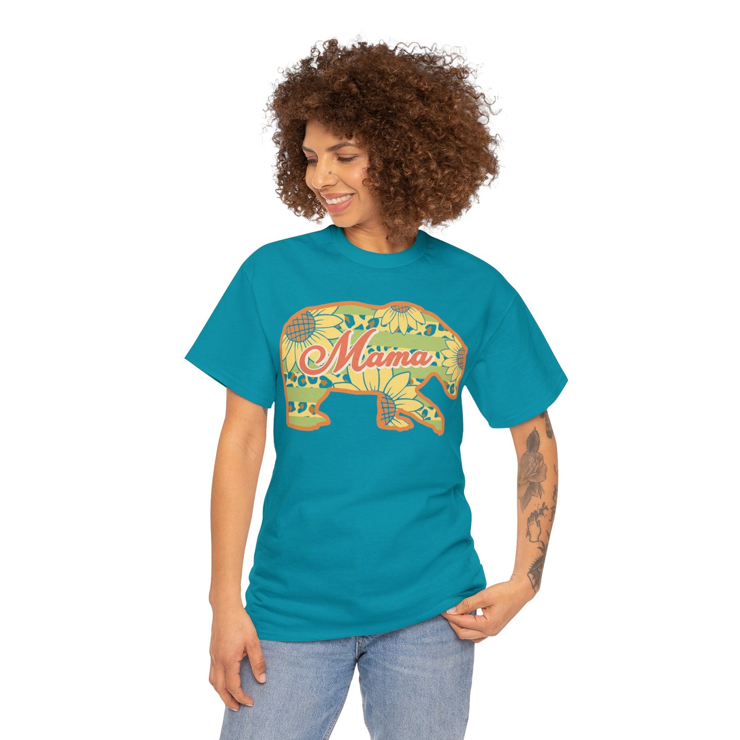 Unisex Heavy Cotton Tee Activewear Adult Mama Bear Many Colors Available Light Yellow Coral Design