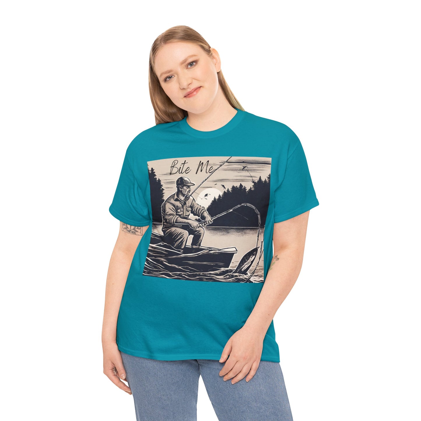 Unisex Heavy Cotton Tee Adult/Teen Activewear Bite Me with A Man Fishing Black Outline Shirt Comes in Many colors