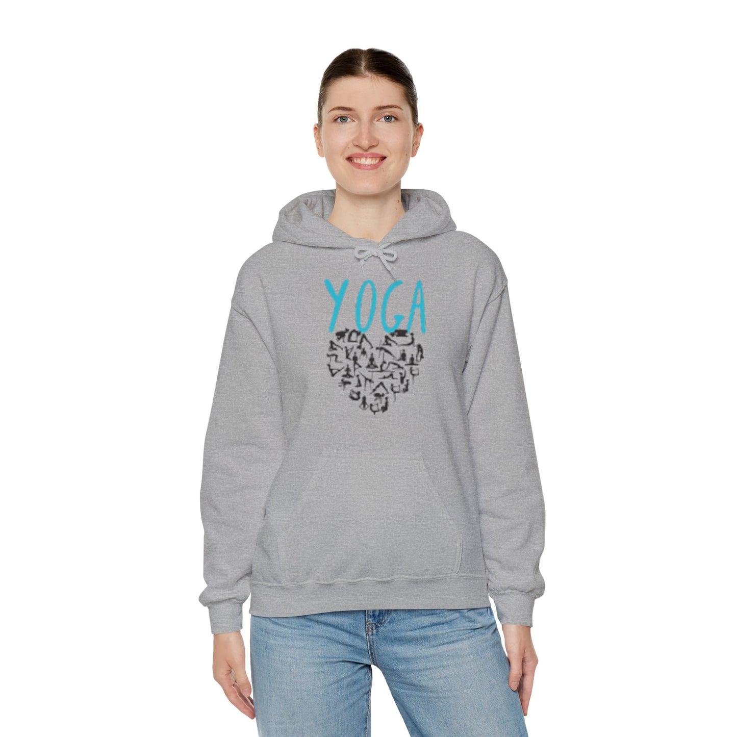 Unisex Heavy Blend™ Hooded Sweatshirt ADULT/TEEN ACTIVEWEAR YOGA IN TEAL-BLUE WRITING W/ YOGA POSES IN HEART SHAPE BLACK