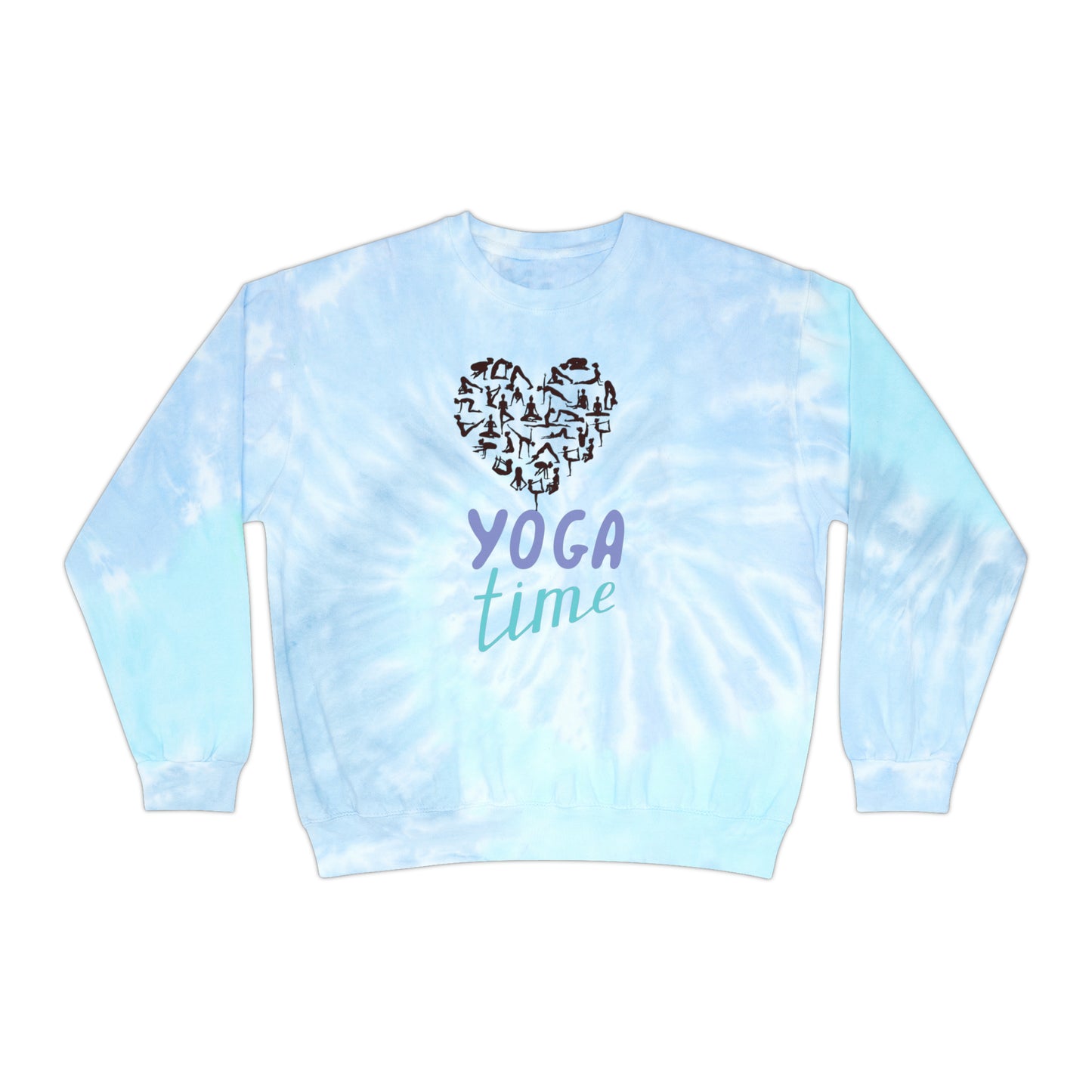 Unisex Tie-Dye Sweatshirt ADULT/TEEN ACTIVEWEAR YOGA TIME BLUE PURPLE WRITING HEART BLACK WITH BLACK HUMANS DOING YOGA POSES