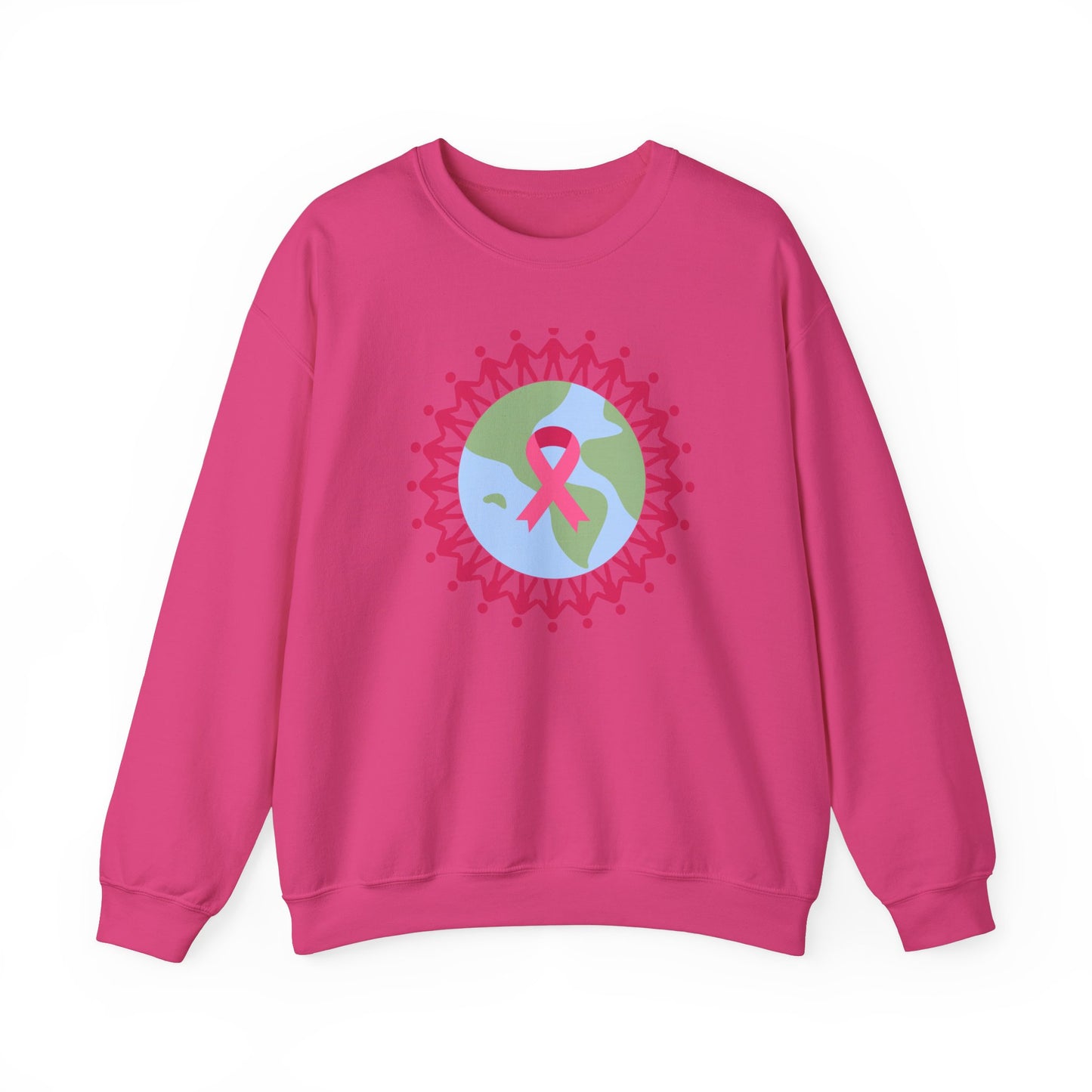 Unisex Heavy Blend™ Crewneck Sweatshirt Adult/Teen Activewear Image of Earth with Pink Stick figures Holding Hands for Breast Cancer Awareness