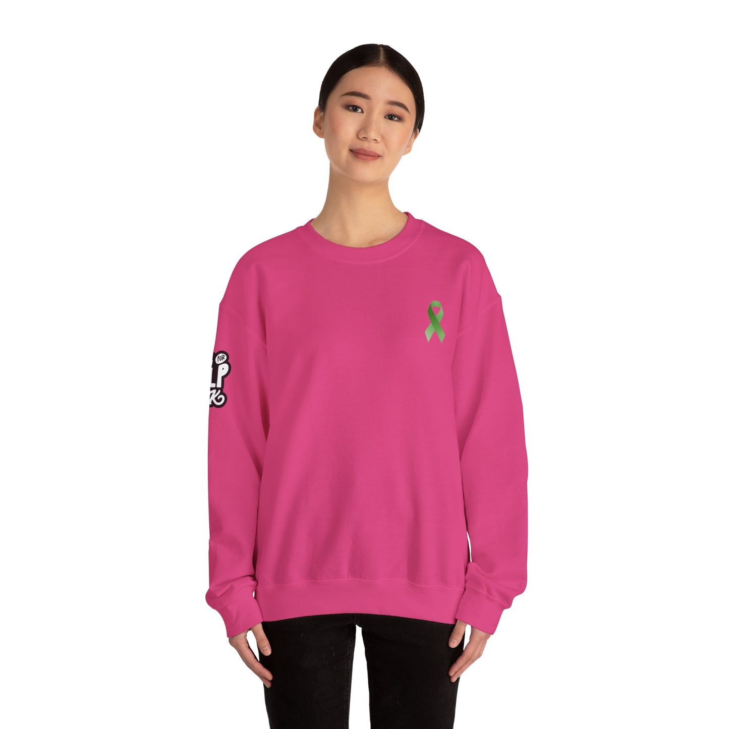 Unisex Heavy Blend™ Crewneck Sweatshirt Adult/Teen Activewear Mental Health Awareness Ribbon on Front Asking for Help Is OK on Right Sleeve