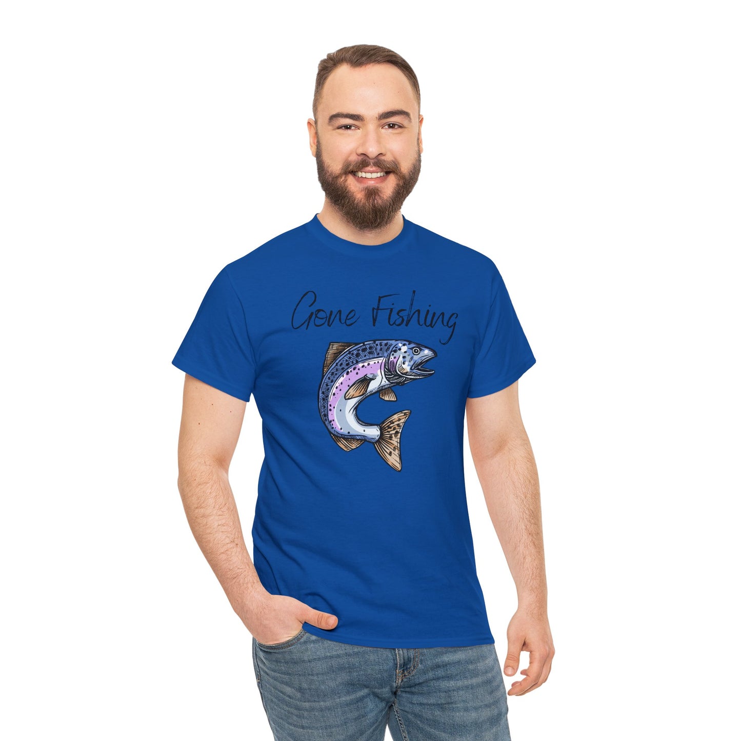 Unisex Heavy Cotton Tee Adult/Teen Activewear Gone Fishing W/ Image of Bass Fish T-shirt Comes in Many Colors