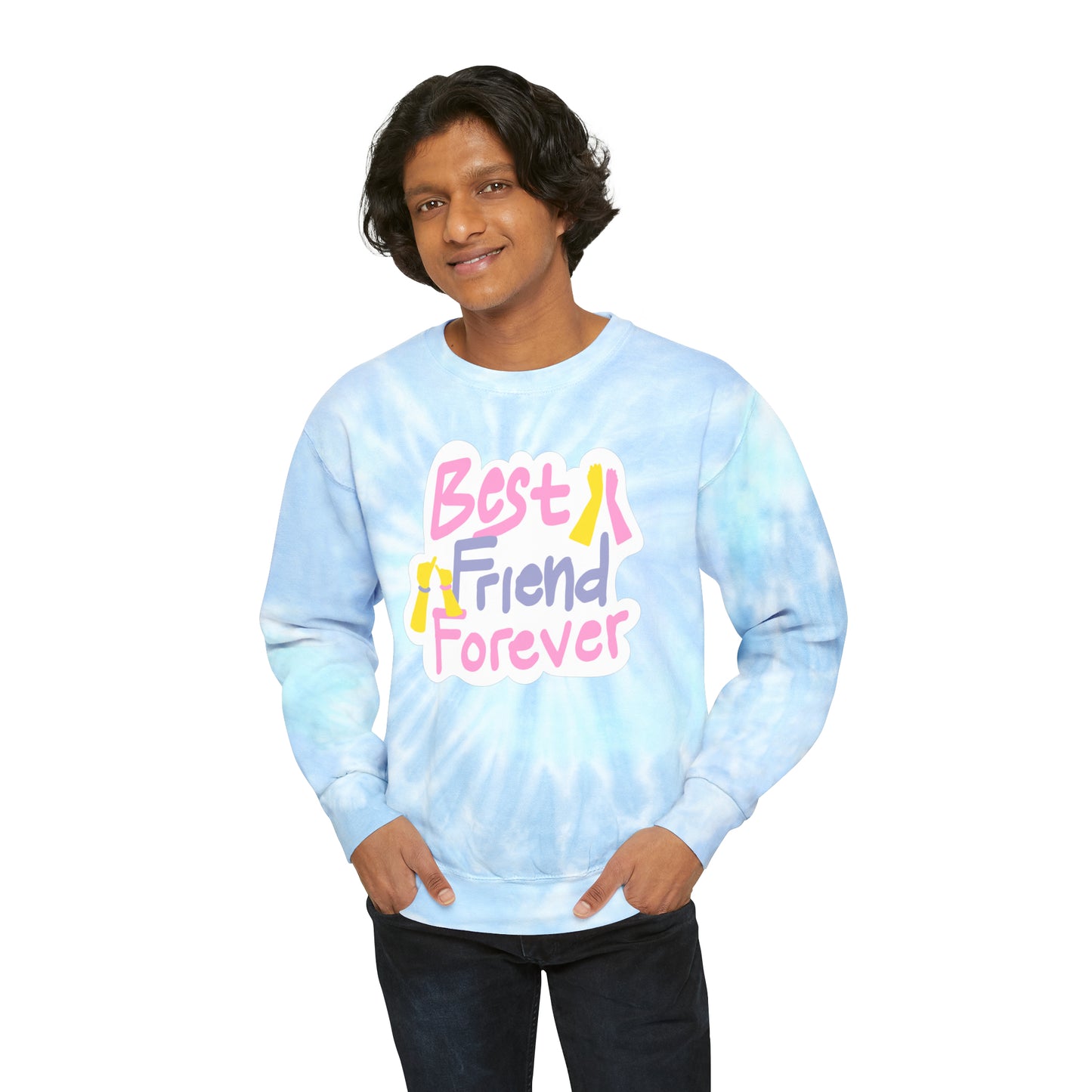 Unisex Tie-Dye Sweatshirt ADULT/TEEN CREWNECK ACTIVEWEAR BEST FRIENDS FOREVER IN PINK WHITE LETTERS PEACH HANDS PINKY PROMISE