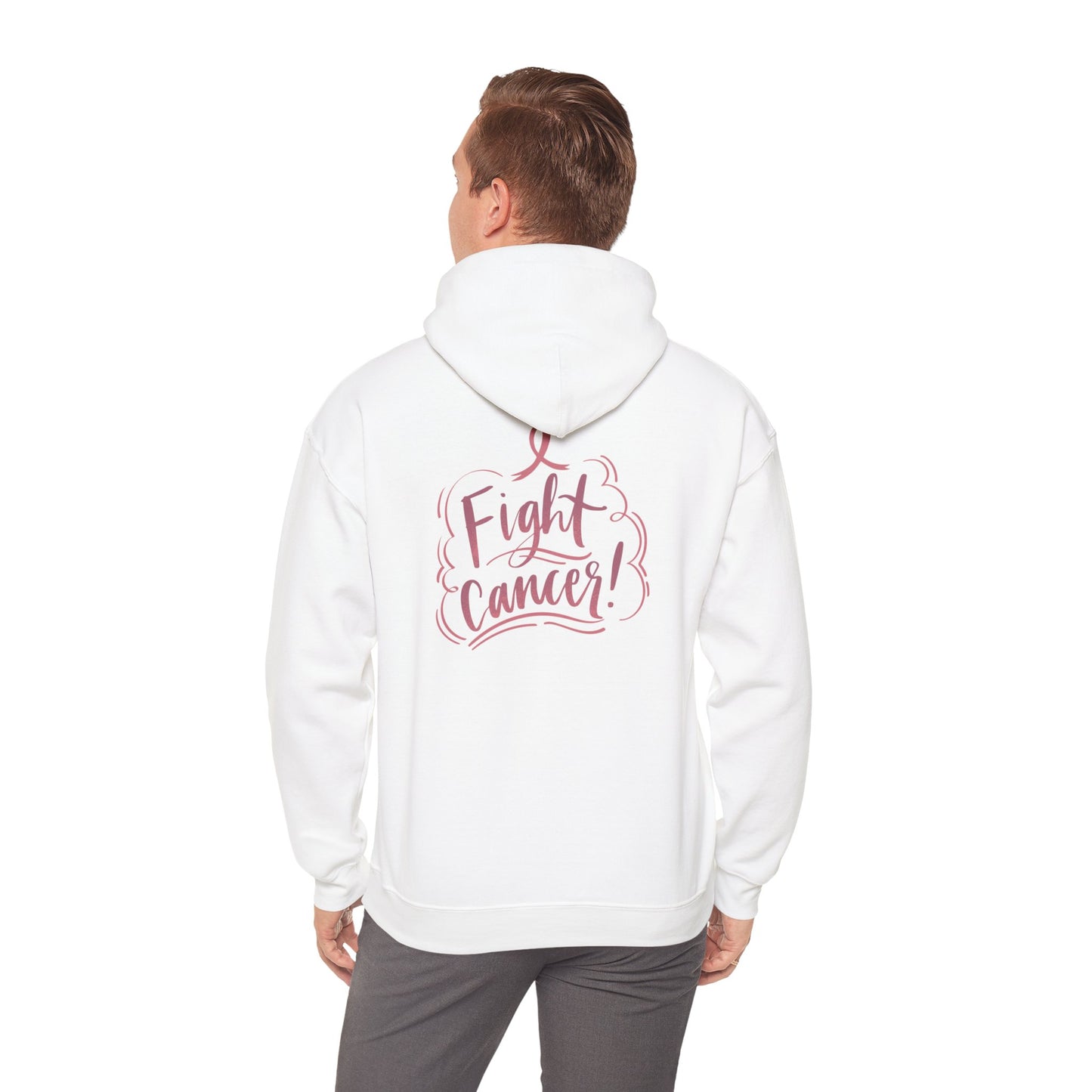 Unisex Heavy Blend™ Hooded Sweatshirt Adult/Teen Activewear on Front Pink World for Fighting Cancer and on Back Fight Cancer in Pink Writing