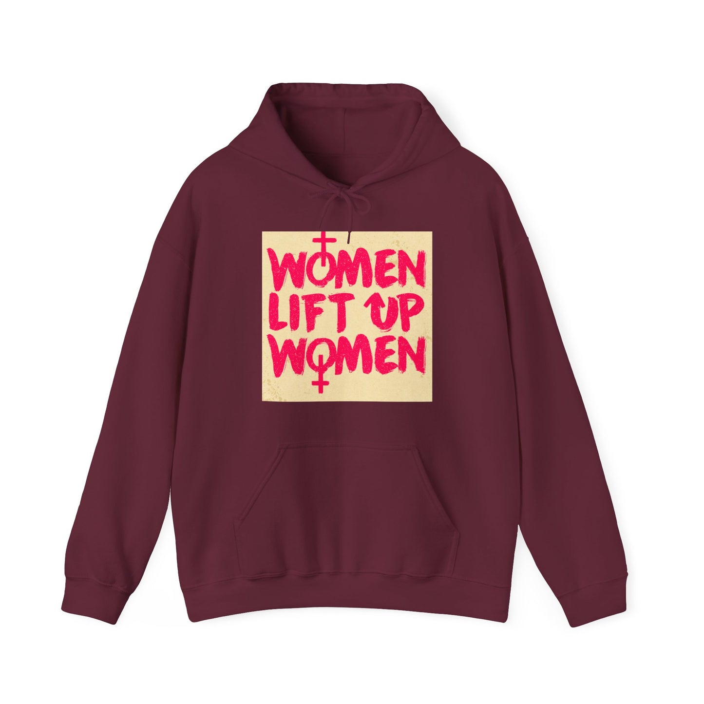 Unisex Heavy Blend™ Hooded Sweatshirt Adult Activewear Women Lift Up Women on Front Colors Hot Pink and Light Yellow