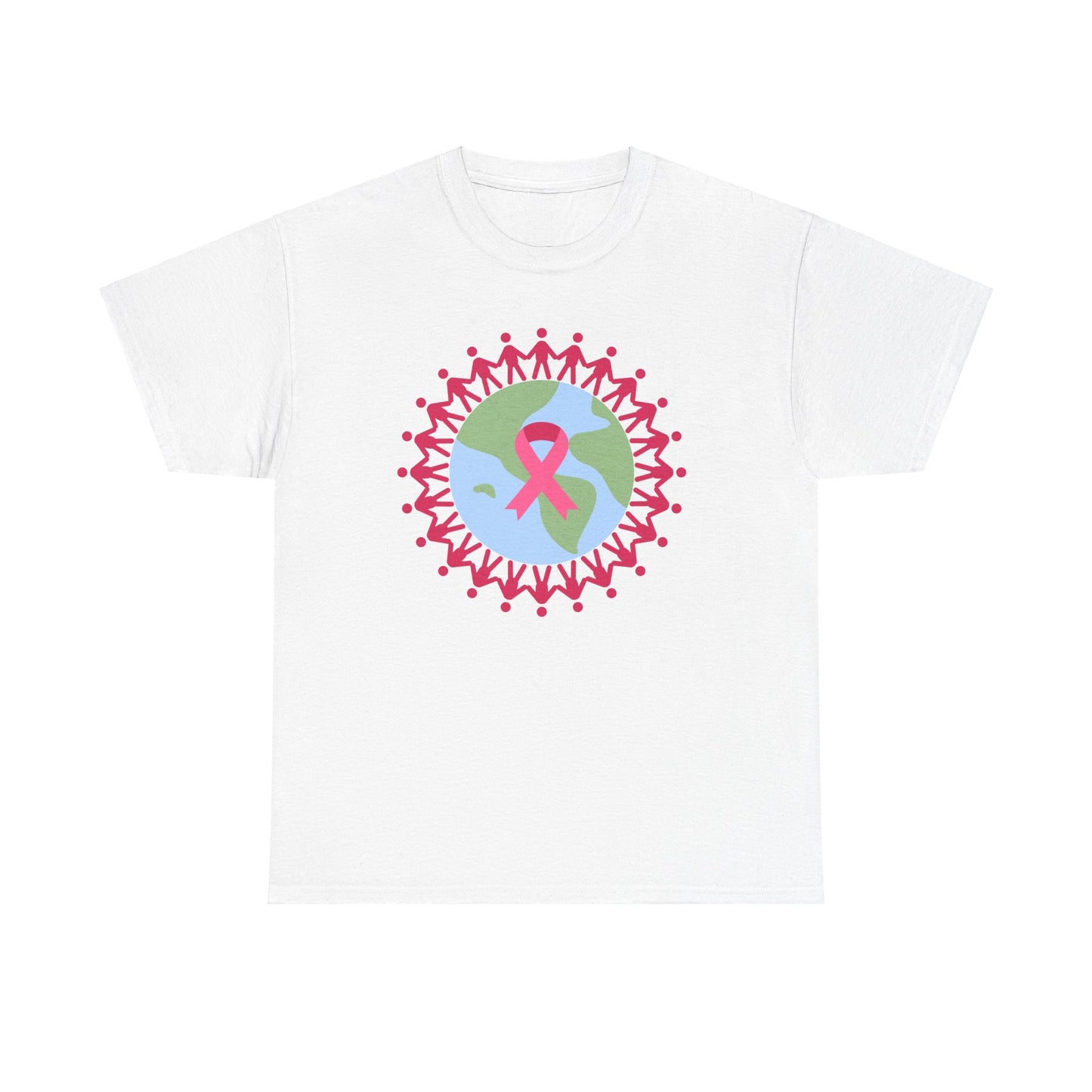 Unisex Heavy Cotton Tee Adult/Teen Activewear Earth with Pink Stick Figures Around thE World for Cancer Awareness