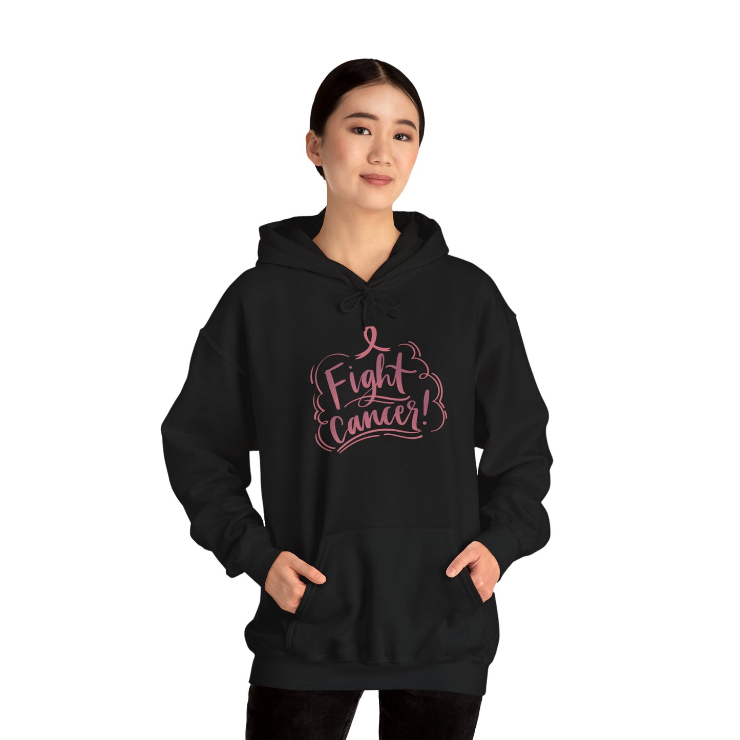 Unisex Heavy Blend™ Hooded Sweatshirt Adult/Teen Activewear fight Cancer Awareness in Pink Writing with Pink Ribbon