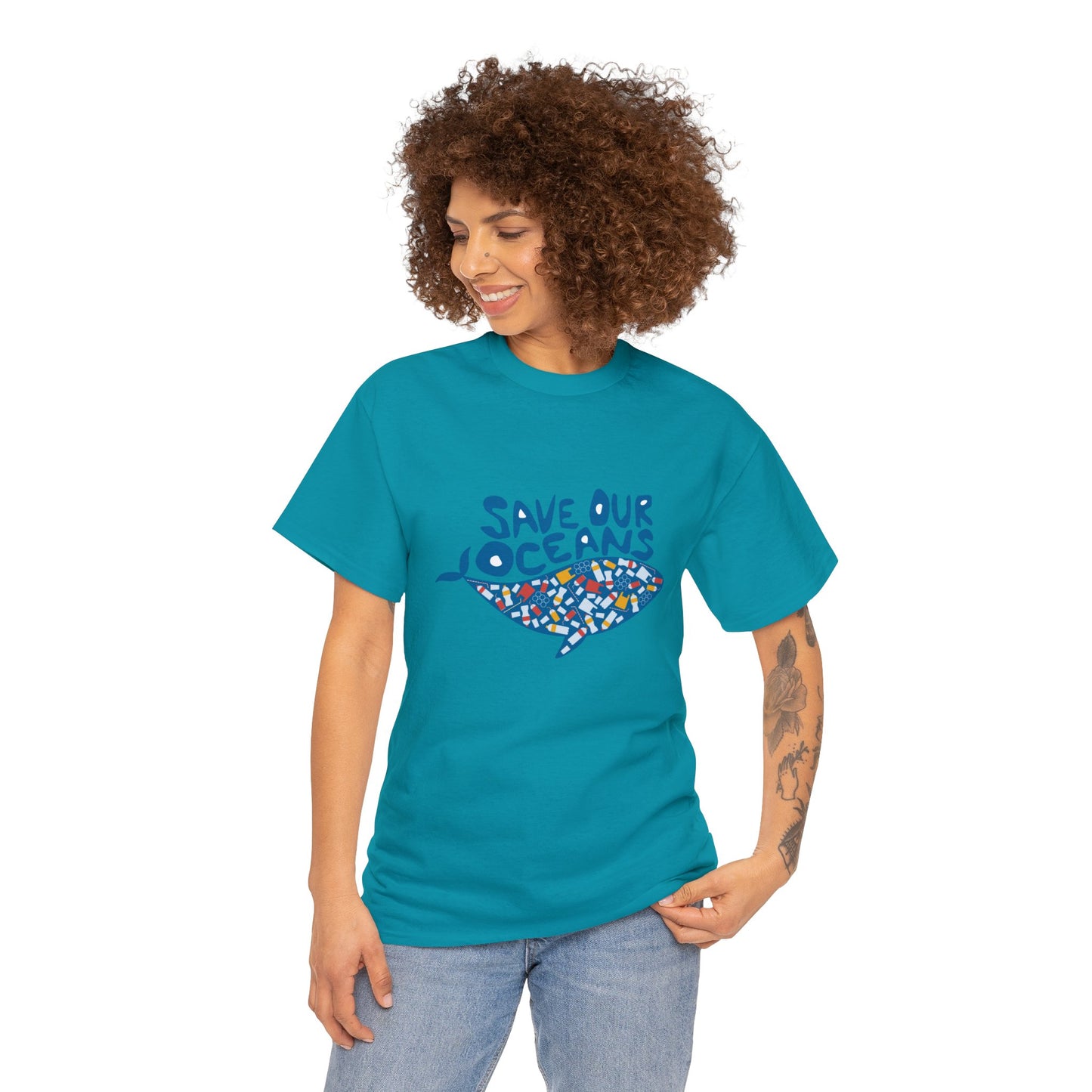 Unisex Heavy Cotton Tee Adult/Teen Activewear Shirt Comes In Many Colors Save Our Oceans Whale in Blue