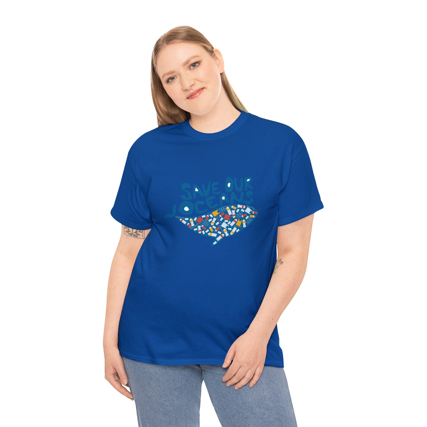 Unisex Heavy Cotton Tee Adult/Teen Activewear Shirt Comes In Many Colors Save Our Oceans Whale in Blue