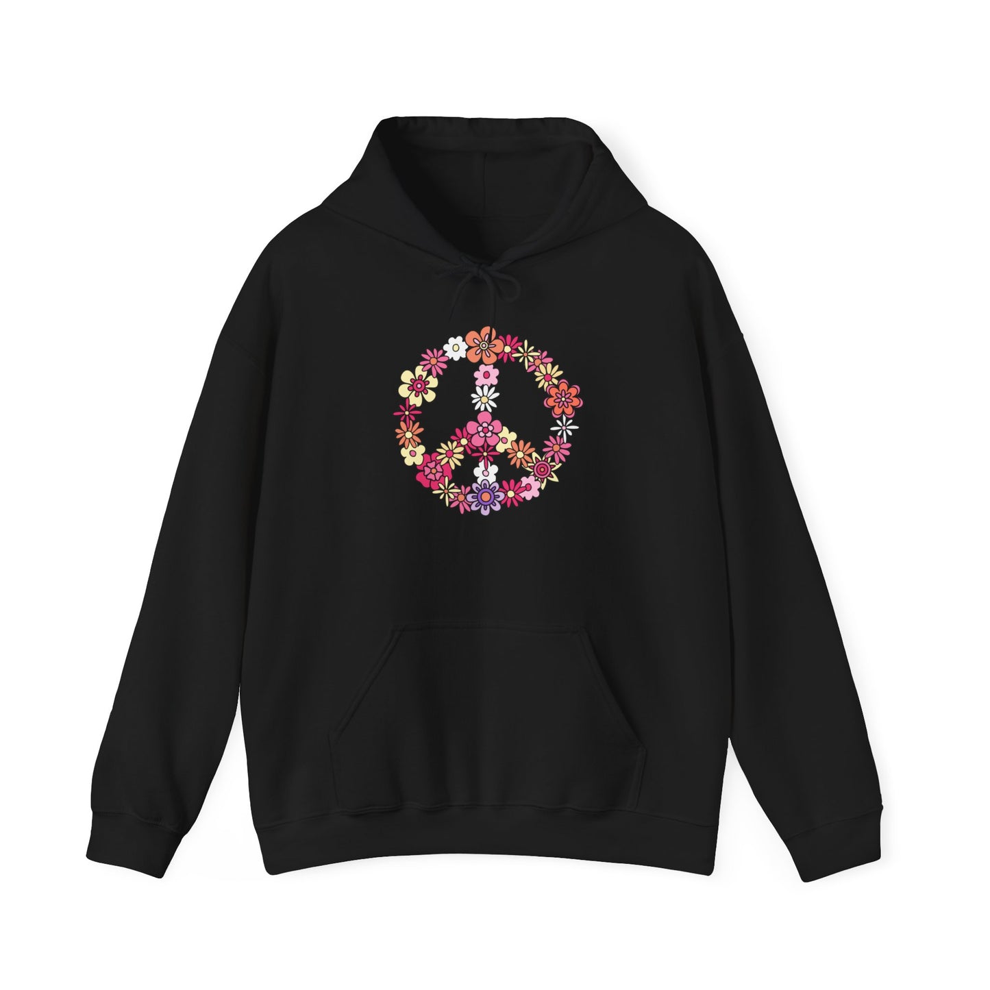 Unisex Heavy Blend™ Hooded Sweatshirt Adult/Teen Activewear Peace Sign Layered in Flowers Colors Black Yellow  Pink Purple