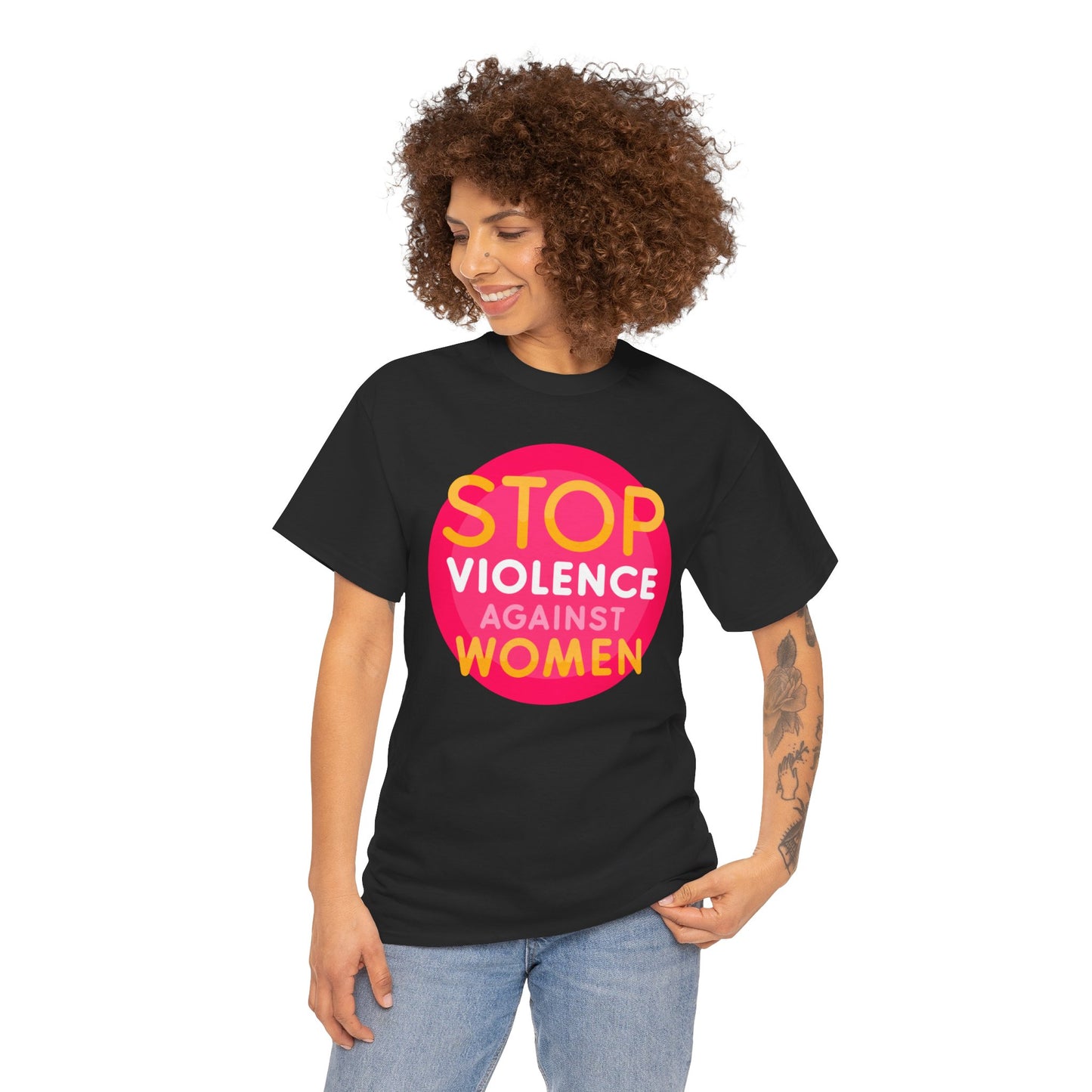 Unisex Heavy Cotton Tee Adult/teen Activewear Stop Violence Against Women Colors Yellow And Pink Writing