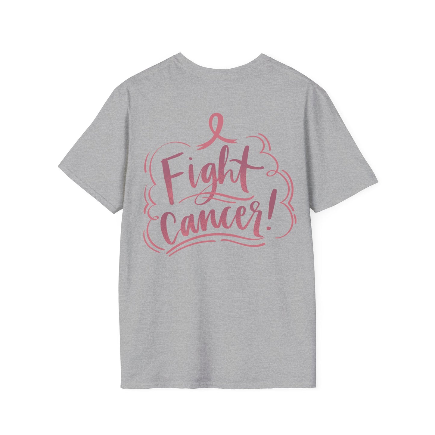 Unisex Softstyle T-Shirt Adult/Teen Activewear Pink World on Front on Back Fight Cancer in Pink with Pink Ribbon Cancer Awareness