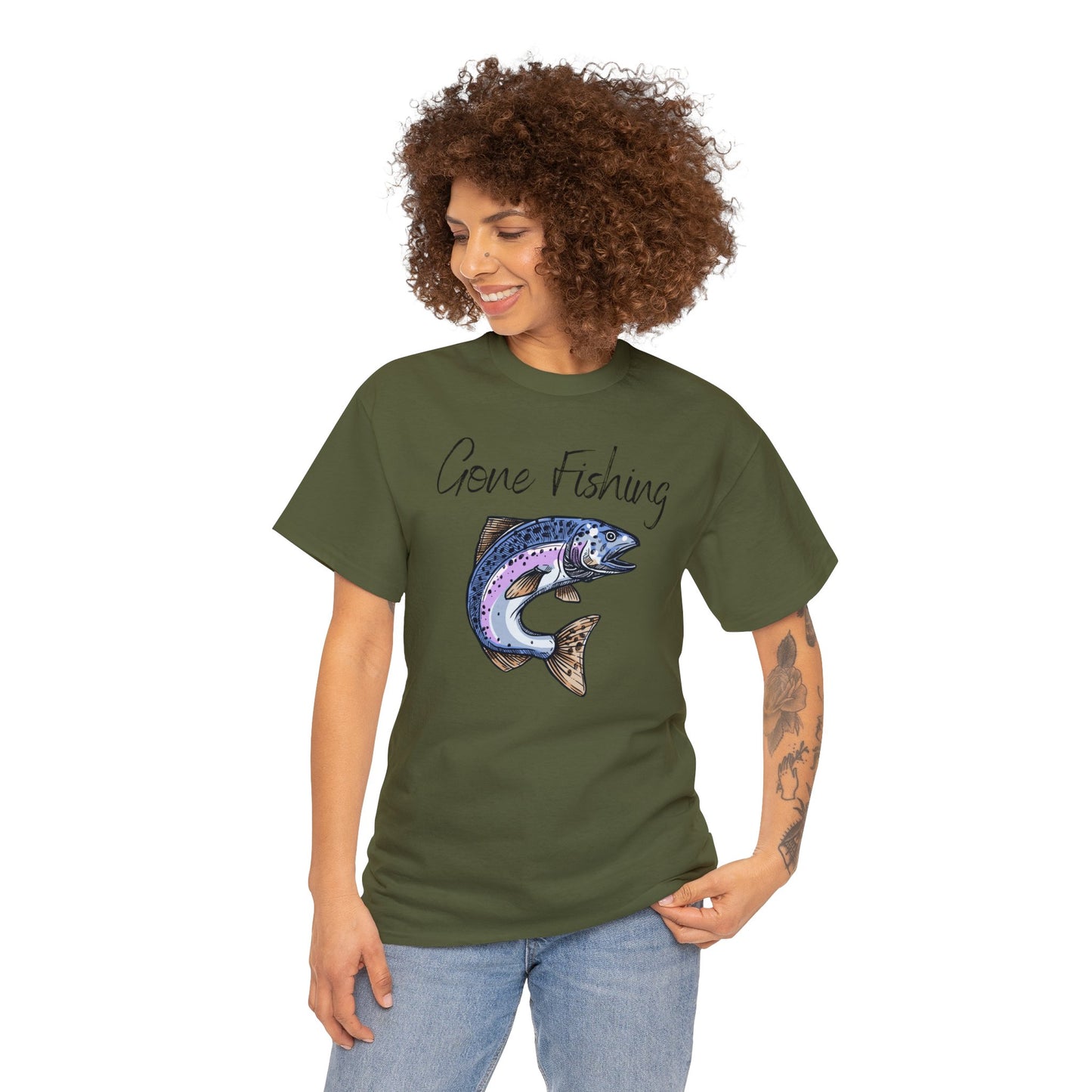 Unisex Heavy Cotton Tee Adult/Teen Activewear Gone Fishing W/ Image of Bass Fish T-shirt Comes in Many Colors