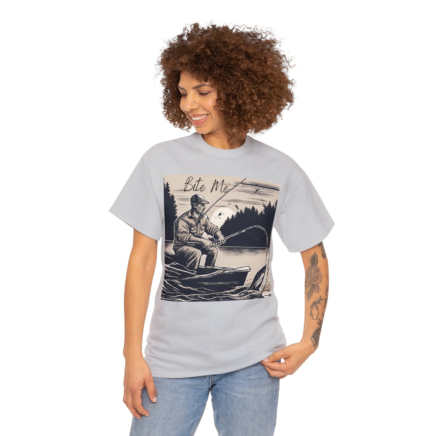 Unisex Heavy Cotton Tee Adult/Teen Activewear Bite Me with A Man Fishing Black Outline Shirt Comes in Many colors