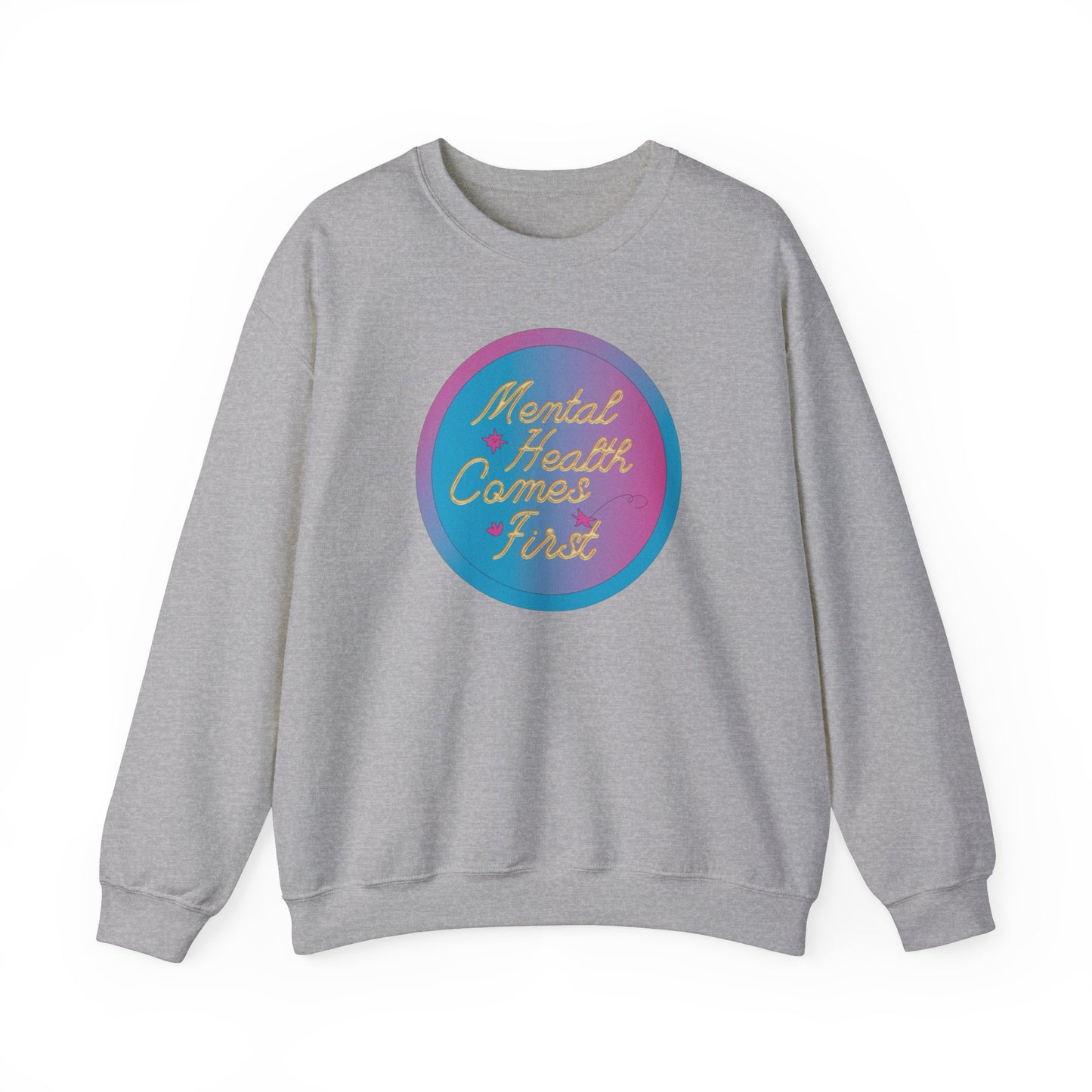 Unisex Heavy Blend™ Crewneck Sweatshirt Adult/Teen Activewear Mental Health Comes First Blue/Pink Circle on Front Gold Writing