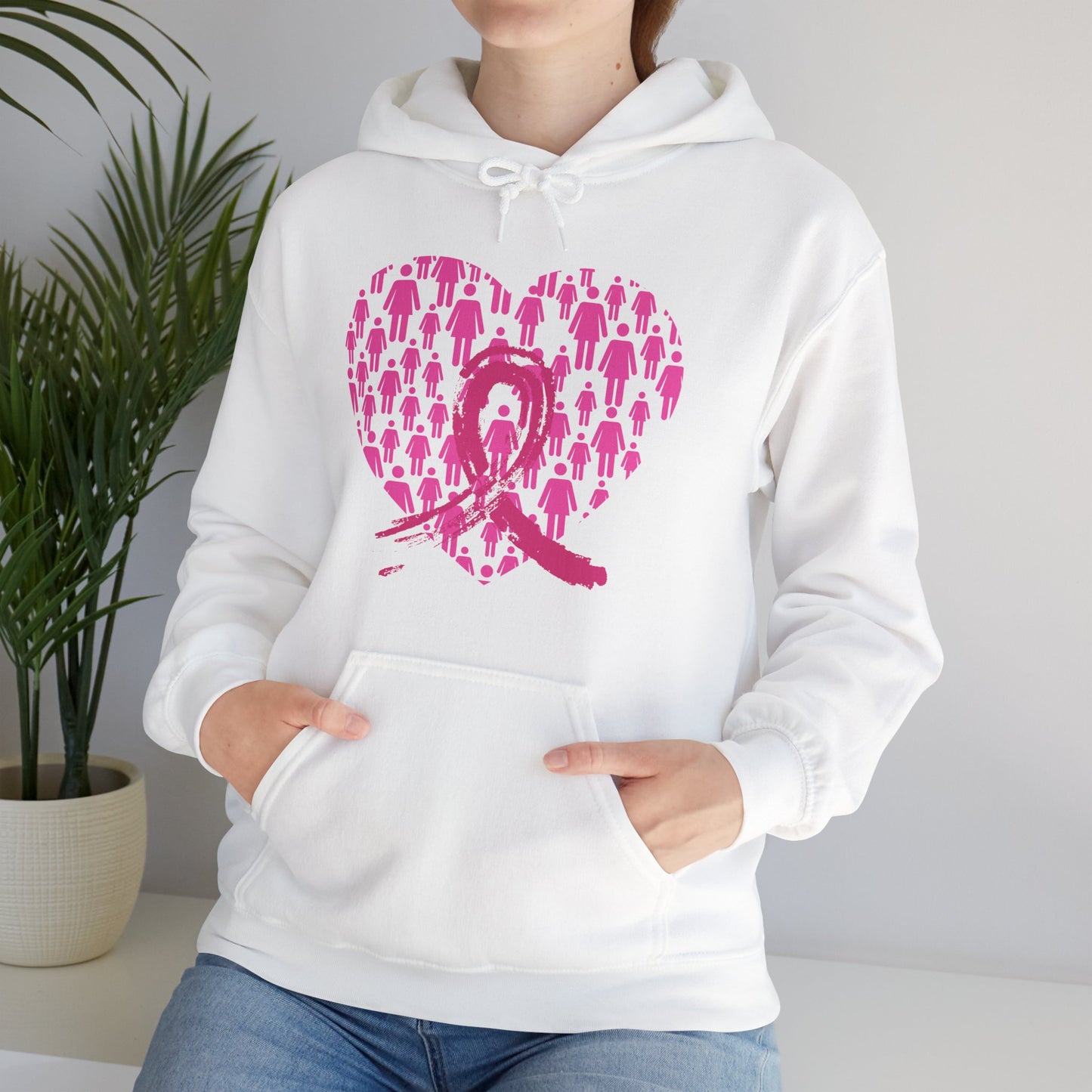 Unisex Heavy Blend™ Hooded Sweatshirt Adult/Teen Activewear Breast Cancer Awareness in Pink Heart and Pink Ribbon Image on Front