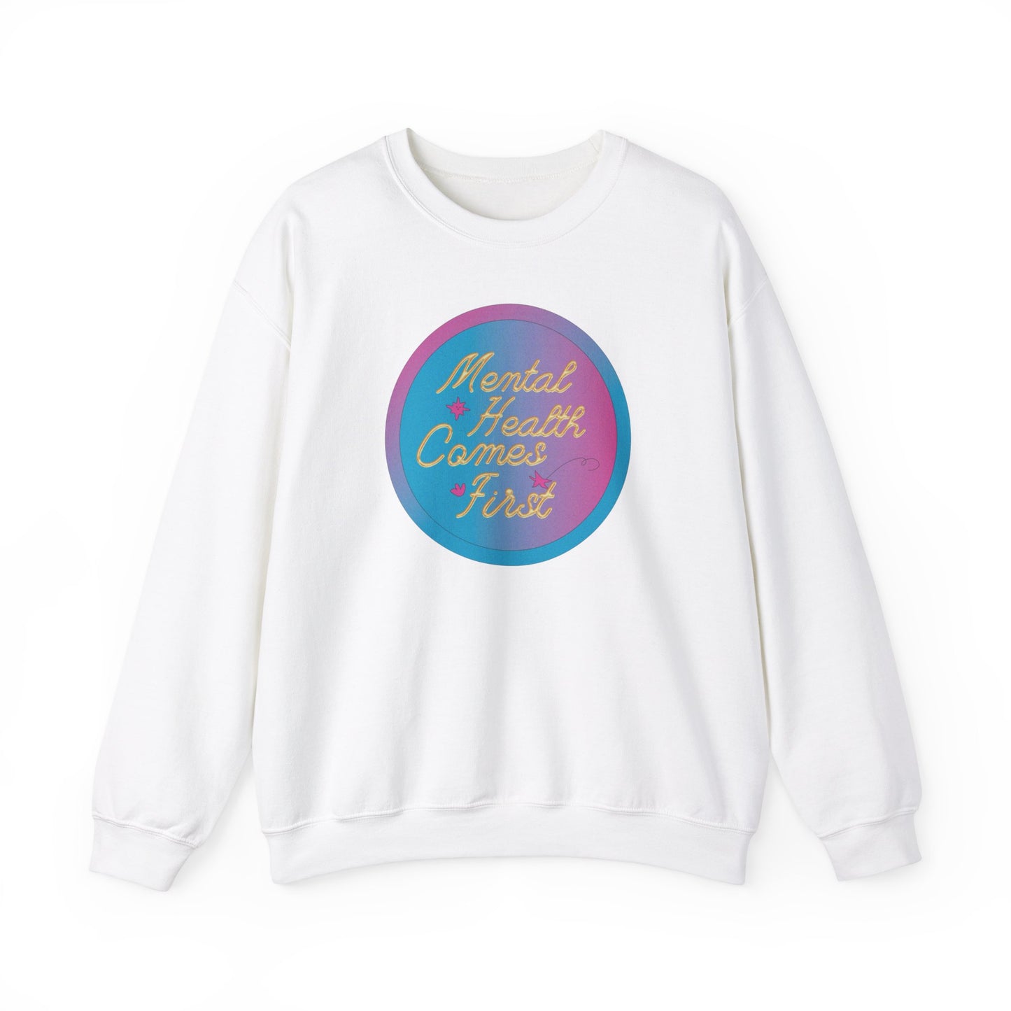 Unisex Heavy Blend™ Crewneck Sweatshirt Adult/Teen Activewear Mental Health Comes First Blue/Pink Circle on Front Gold Writing