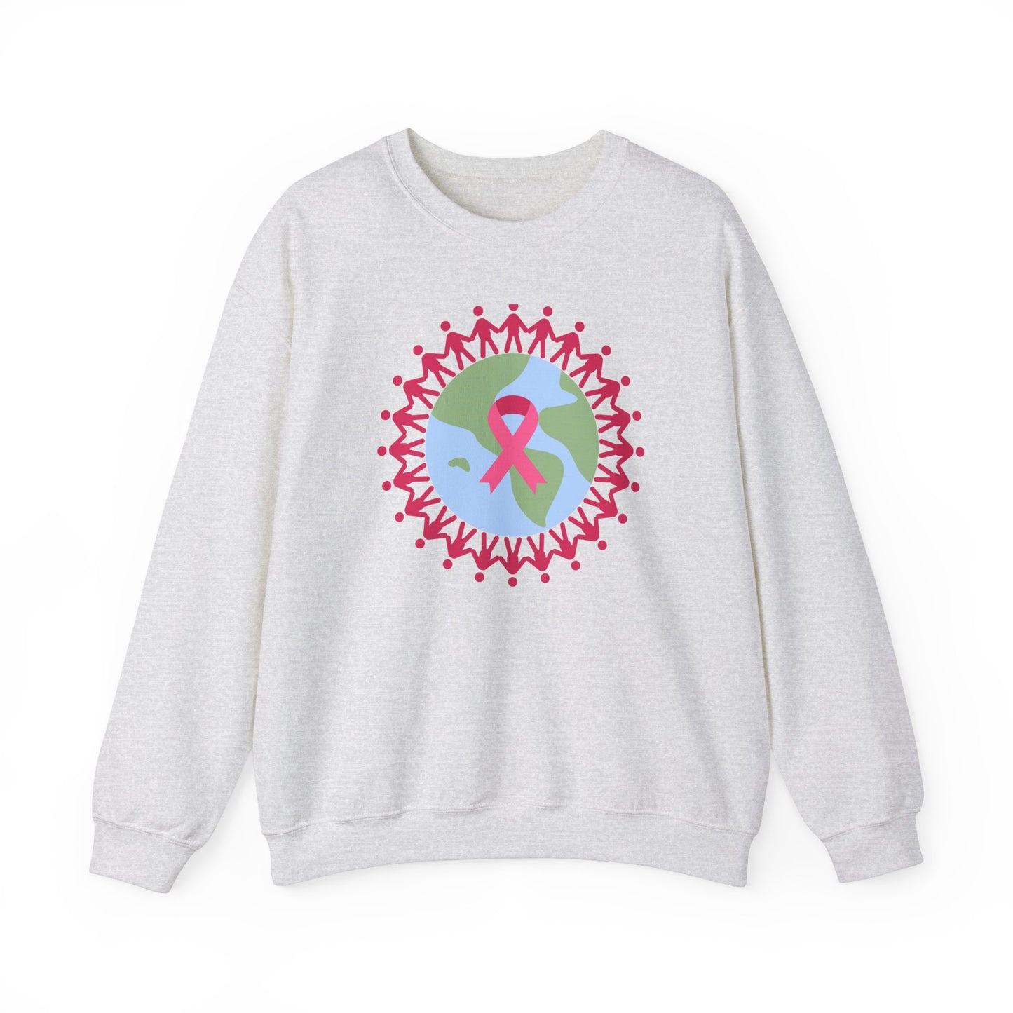 Unisex Heavy Blend™ Crewneck Sweatshirt Adult/Teen Activewear Image of Earth with Pink Stick figures Holding Hands for Breast Cancer Awareness