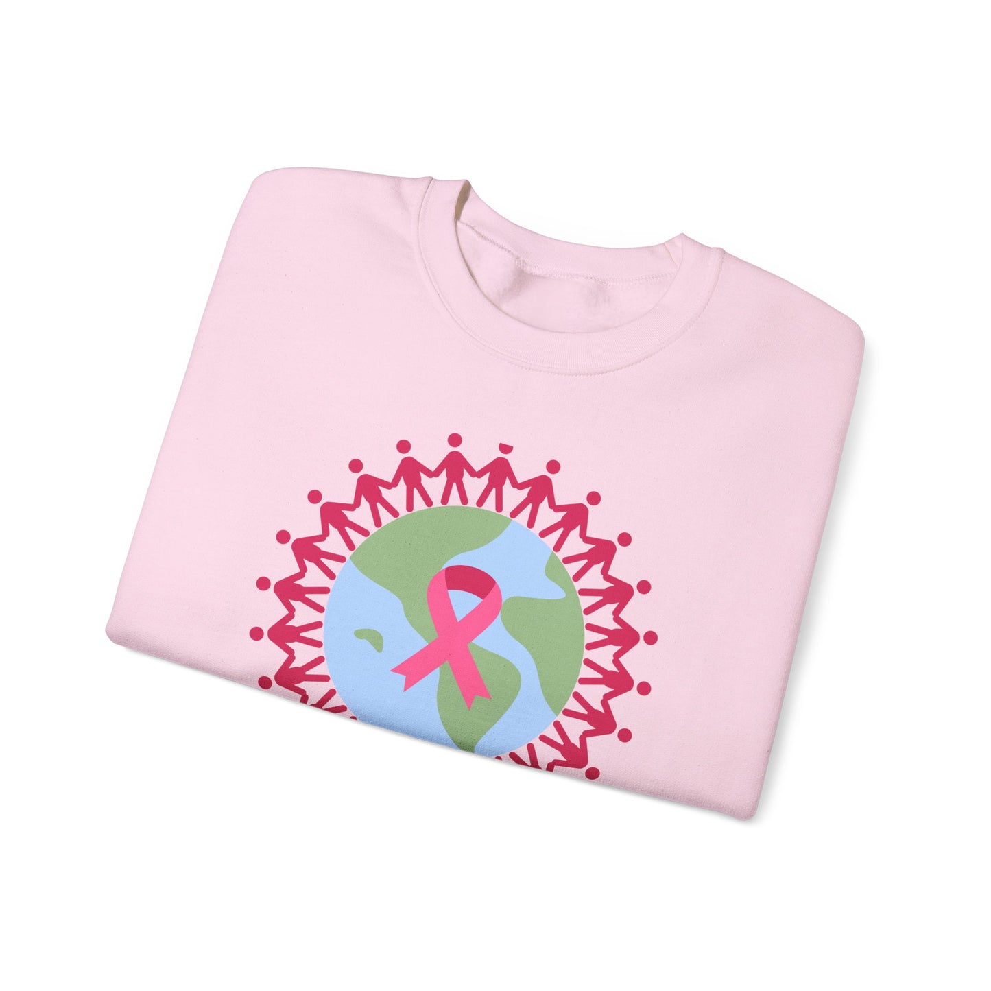 Unisex Heavy Blend™ Crewneck Sweatshirt Adult/Teen Activewear Image of Earth with Pink Stick figures Holding Hands for Breast Cancer Awareness