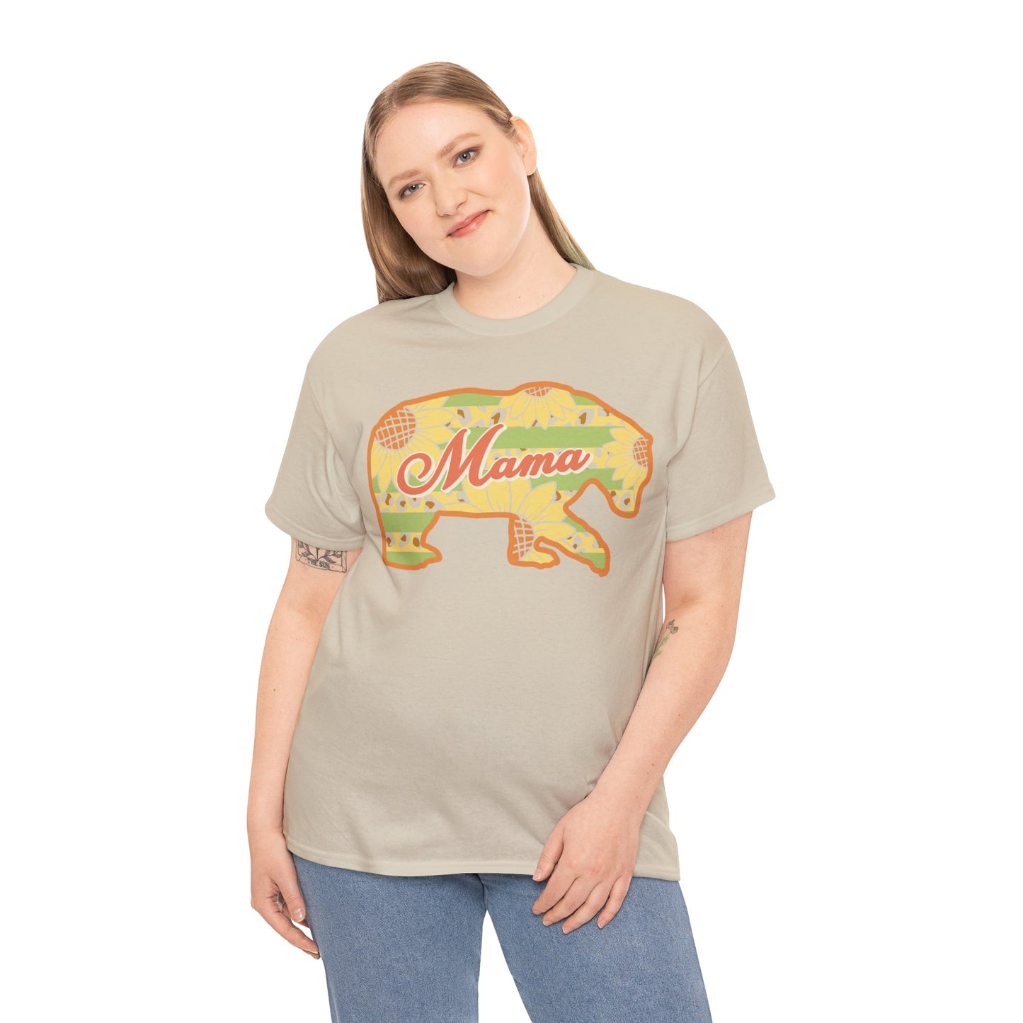 Unisex Heavy Cotton Tee Activewear Adult Mama Bear Many Colors Available Light Yellow Coral Design