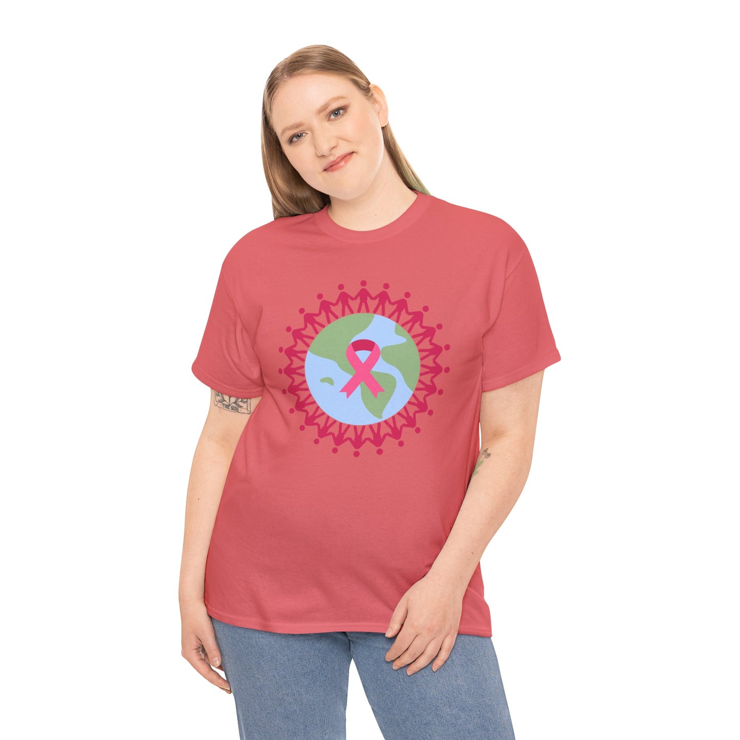 Unisex Heavy Cotton Tee Adult/Teen Activewear Earth with Pink Stick Figures Around thE World for Cancer Awareness