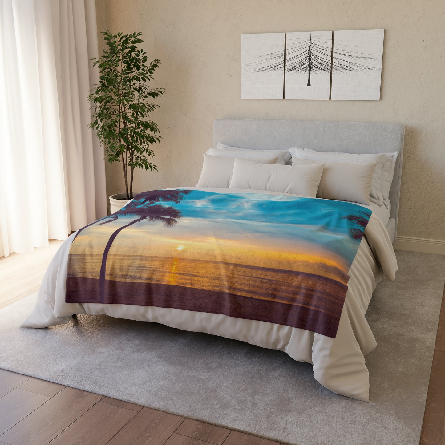 Soft Polyester Blanket Adult/Teen Sunset With Palm Trees Customizable Call 603-377-1833