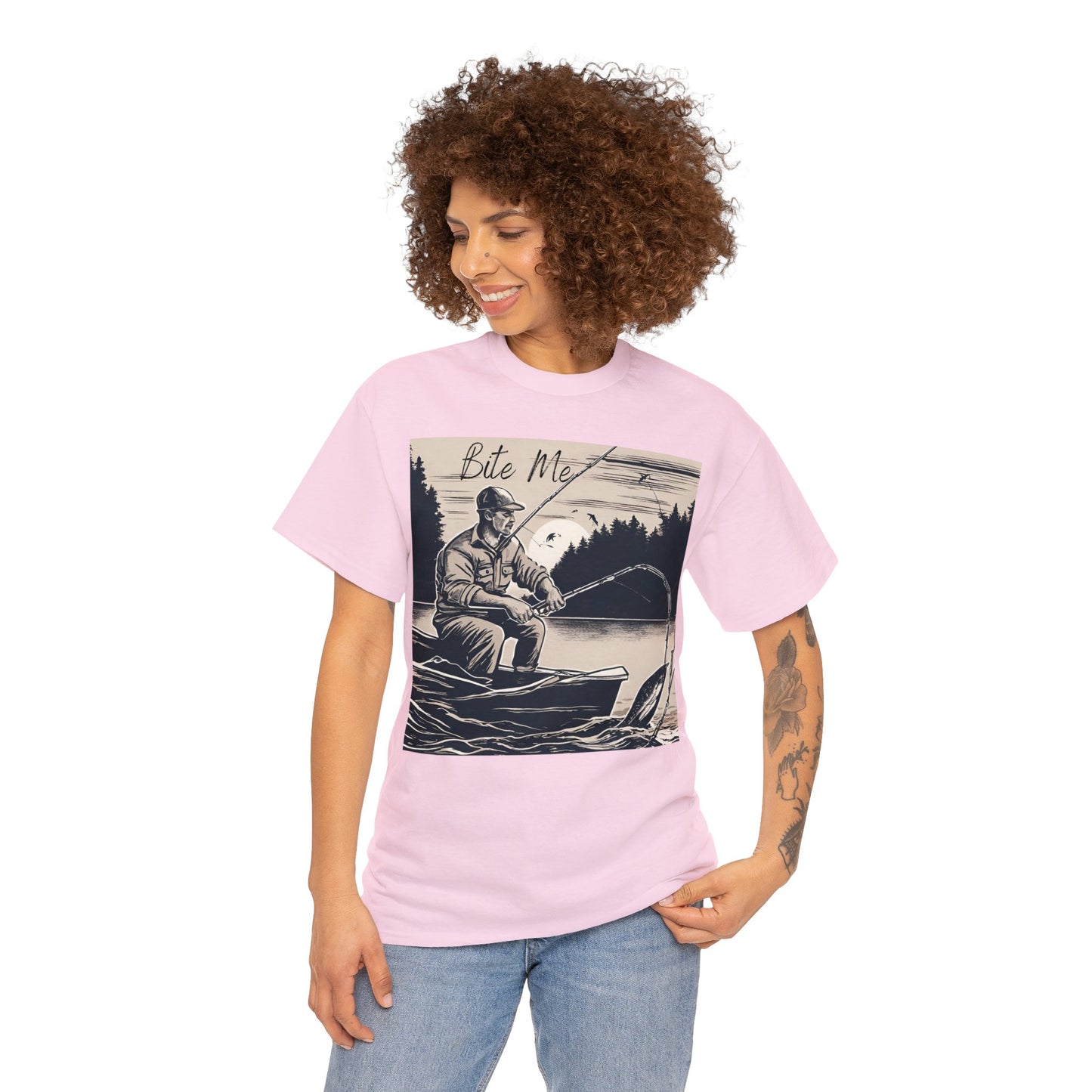 Unisex Heavy Cotton Tee Adult/Teen Activewear Bite Me with A Man Fishing Black Outline Shirt Comes in Many colors