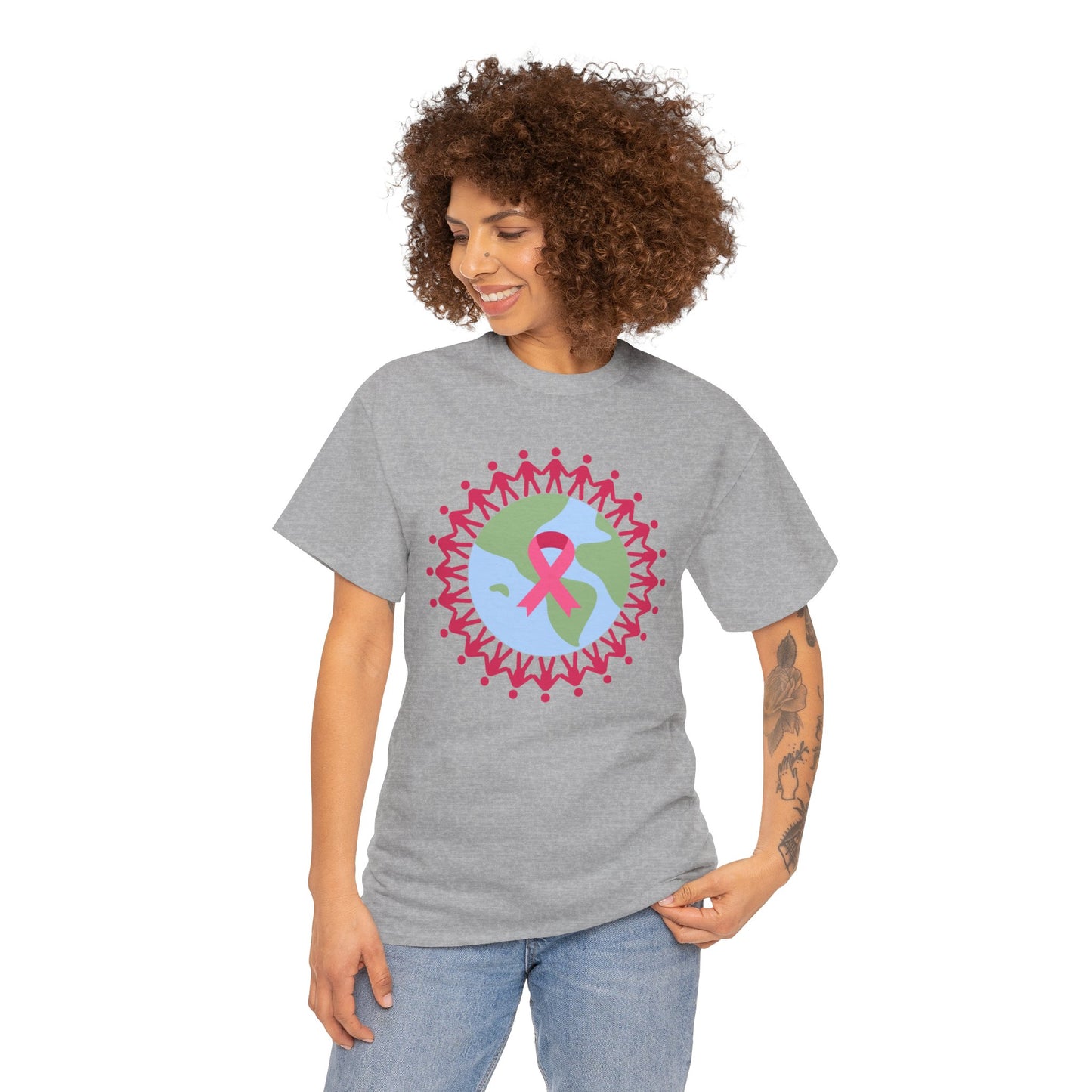 Unisex Heavy Cotton Tee Adult/Teen Activewear Earth with Pink Stick Figures Around thE World for Cancer Awareness