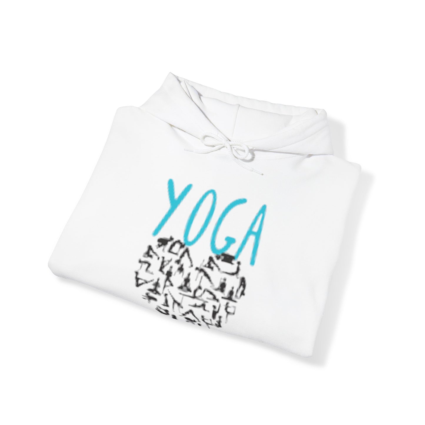 Unisex Heavy Blend™ Hooded Sweatshirt ADULT/TEEN ACTIVEWEAR YOGA IN TEAL-BLUE WRITING W/ YOGA POSES IN HEART SHAPE BLACK