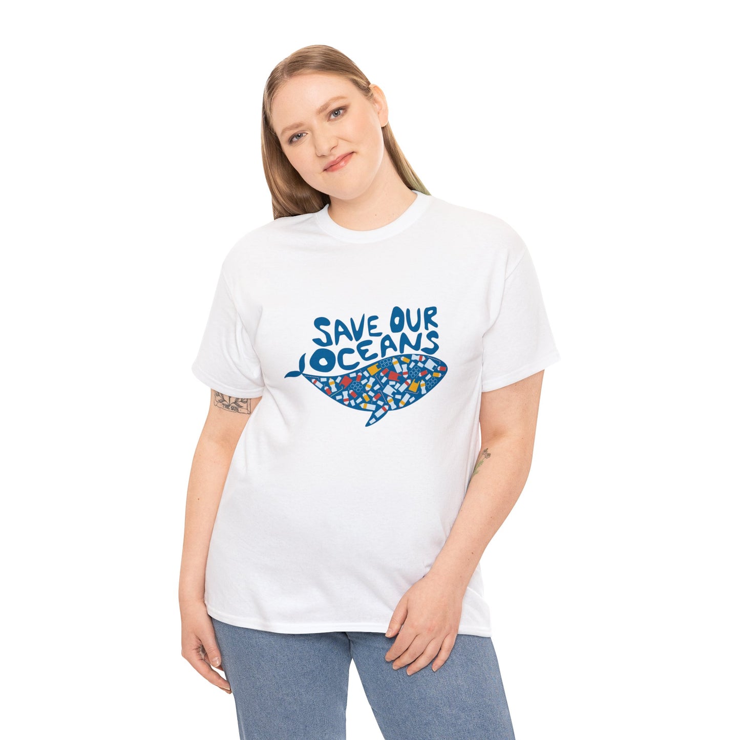 Unisex Heavy Cotton Tee Adult/Teen Activewear Shirt Comes In Many Colors Save Our Oceans Whale in Blue