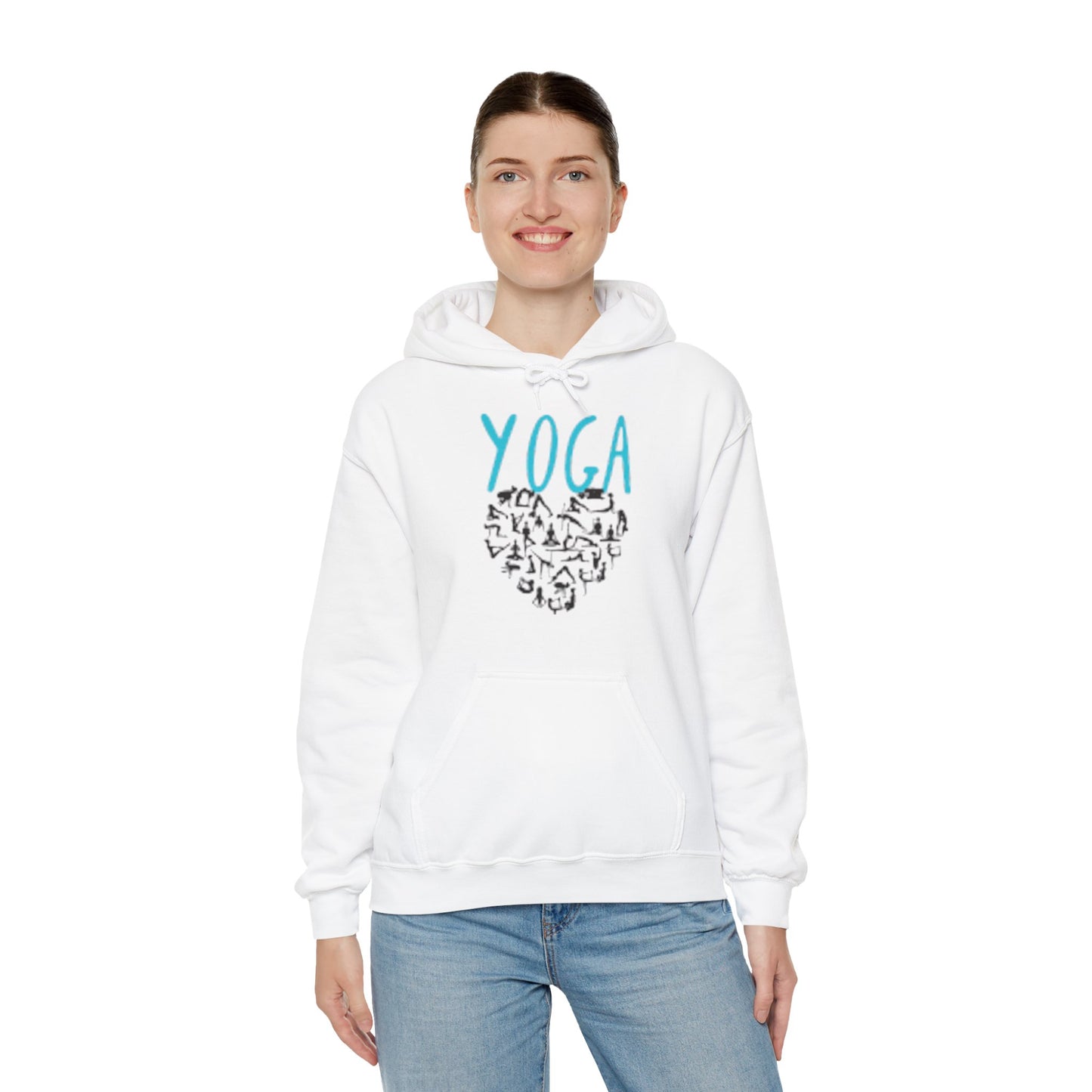 Unisex Heavy Blend™ Hooded Sweatshirt ADULT/TEEN ACTIVEWEAR YOGA IN TEAL-BLUE WRITING W/ YOGA POSES IN HEART SHAPE BLACK