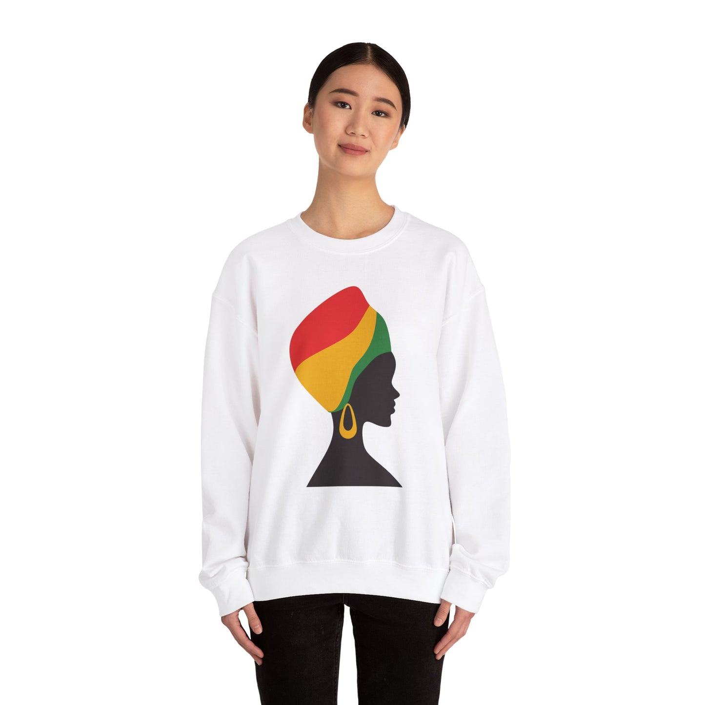 Unisex Heavy Blend™ Crewneck Sweatshirt Adult/Teen Activewear Black Lives Matter in Black on Back on Front African American Woman wear African Colors Red Yellow Green