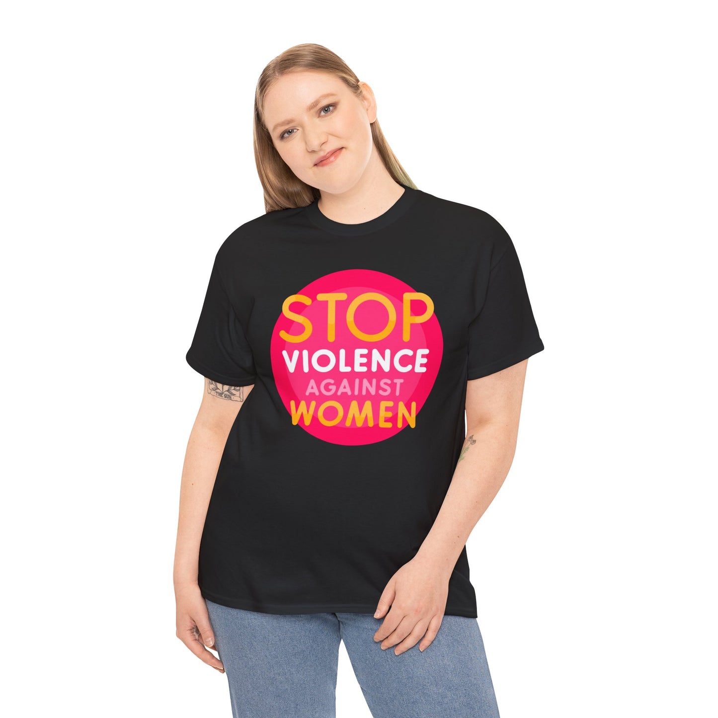 Unisex Heavy Cotton Tee Adult/teen Activewear Stop Violence Against Women Colors Yellow And Pink Writing