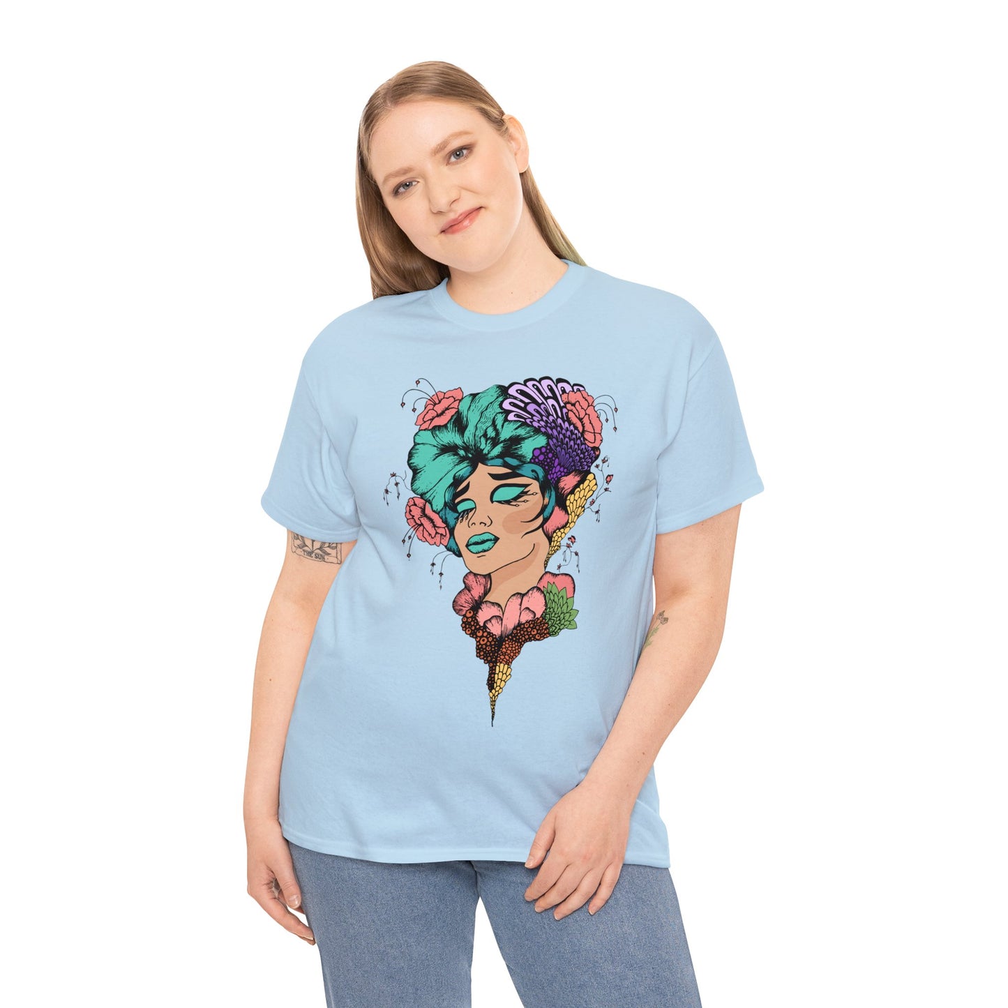 Unisex Heavy Cotton Tee Adult/Teen Activewear Woman Peach With Blue Purple Shirt Comes In Many Colors