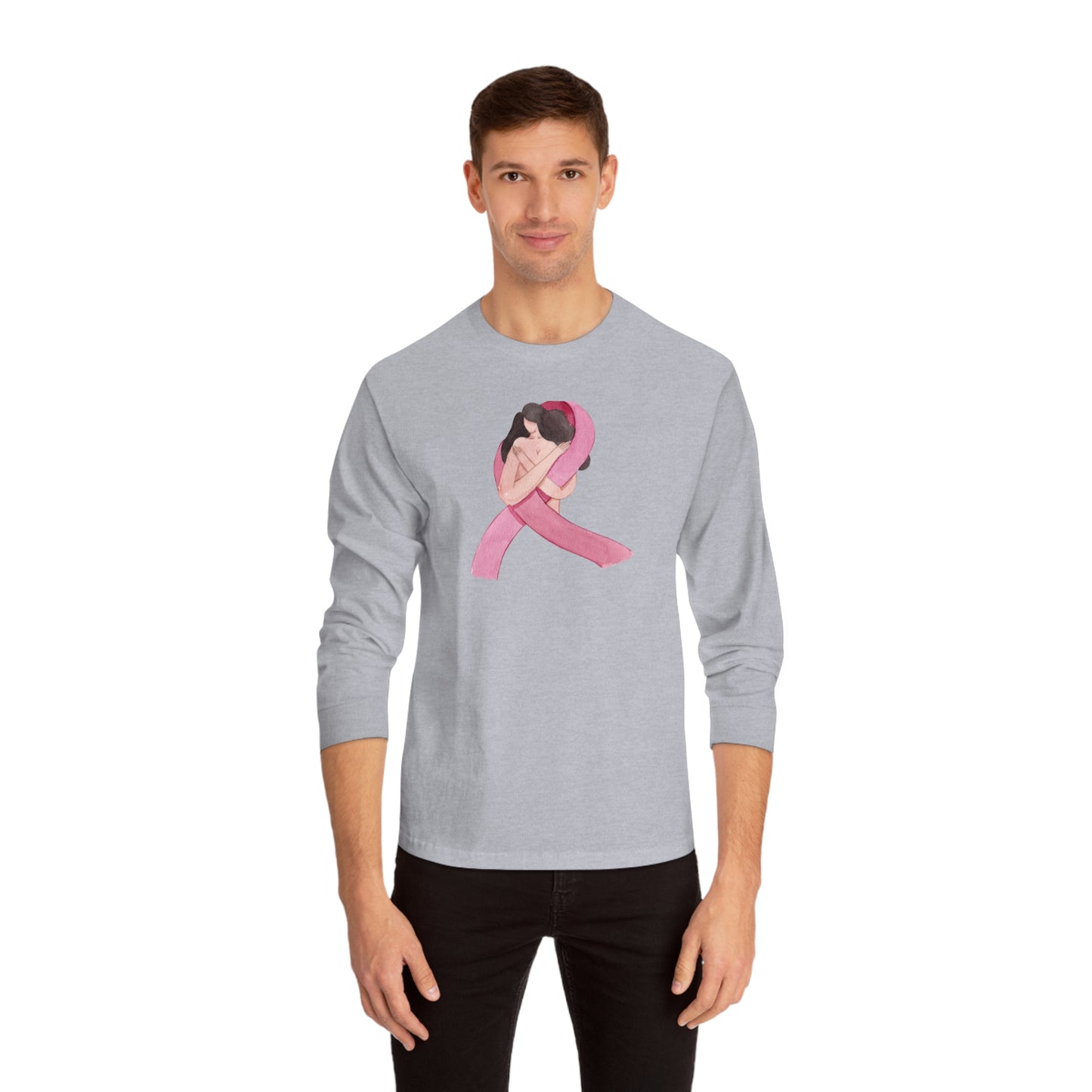 Unisex Classic Long Sleeve T-Shirt Adult Activewear Pink Ribbon with Woman for Breast Cancer Awareness