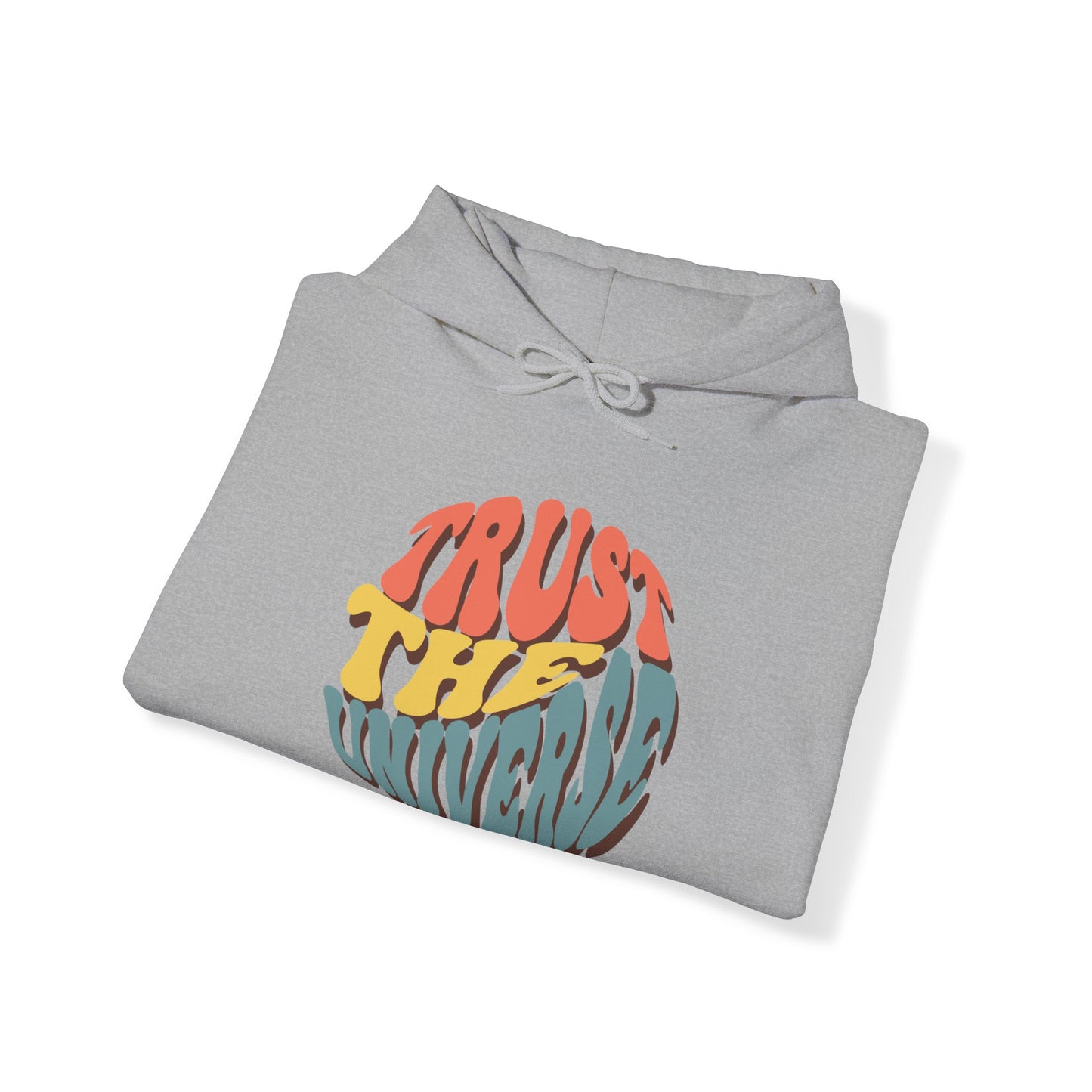 Unisex Heavy Blend™ Hooded Sweatshirt Adult/Teen Activewear Trust The Universe Colors Dark Peach Blue and Dark Yellow