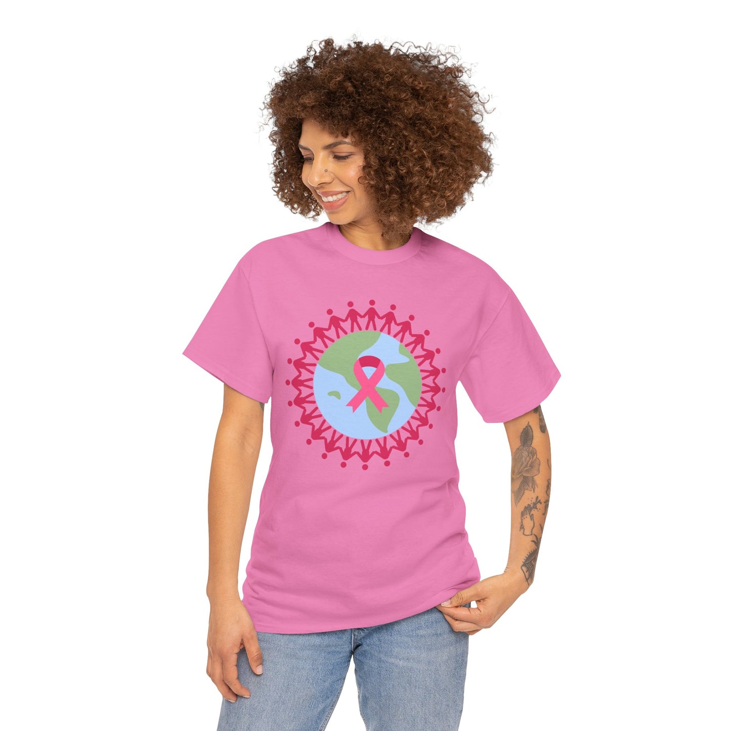 Unisex Heavy Cotton Tee Adult/Teen Activewear Earth with Pink Stick Figures Around thE World for Cancer Awareness