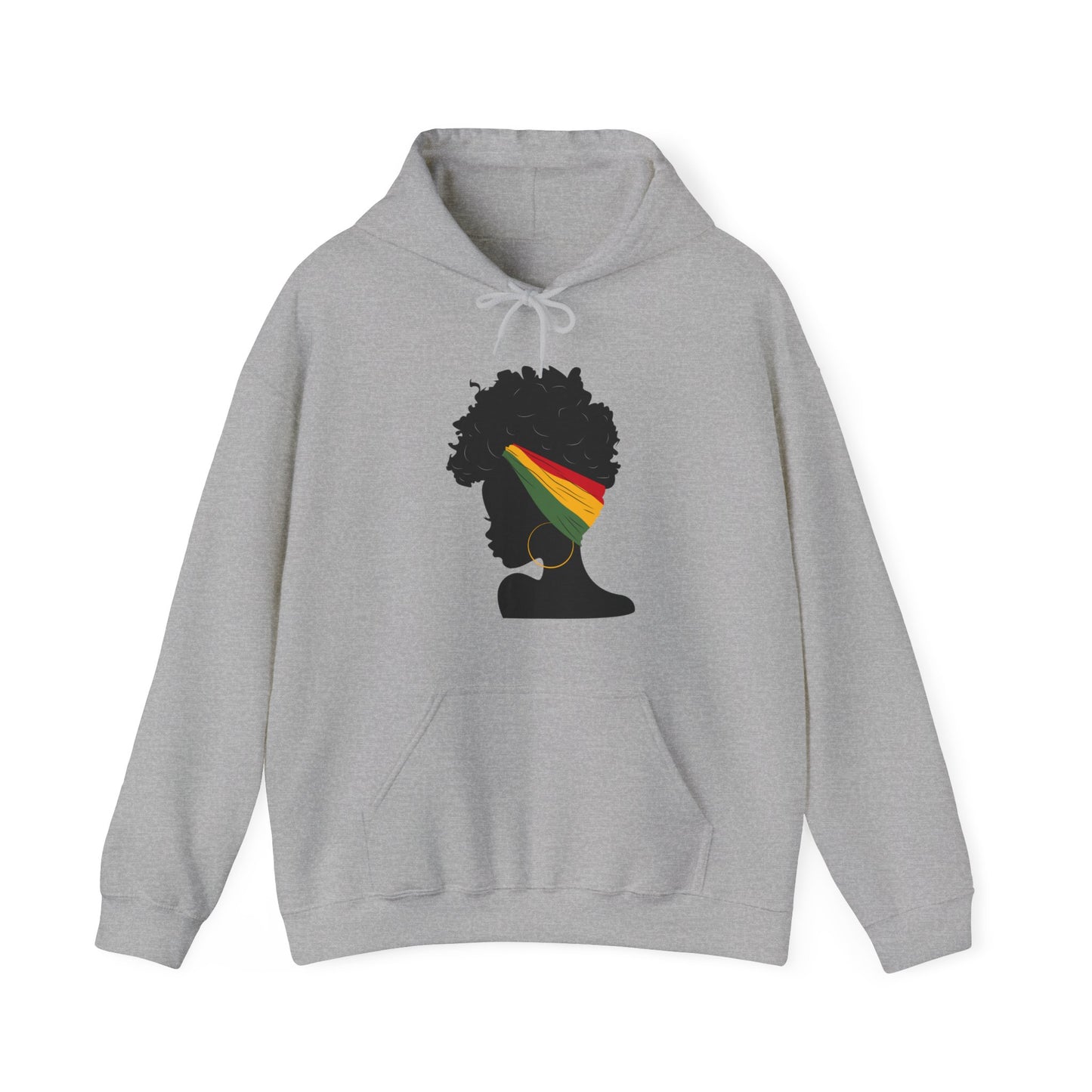 Unisex Heavy Blend™ Hooded Sweatshirt Adult/Teen Activewear Black Woman with African Colors Yellow Green Red Headband