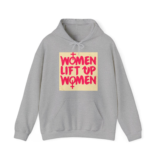 Unisex Heavy Blend™ Hooded Sweatshirt Adult Activewear Women Lift Up Women on Front Colors Hot Pink and Light Yellow