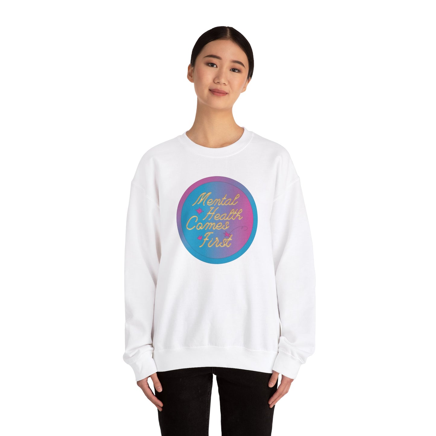 Unisex Heavy Blend™ Crewneck Sweatshirt Adult/Teen Activewear Mental Health Comes First Blue/Pink Circle on Front Gold Writing