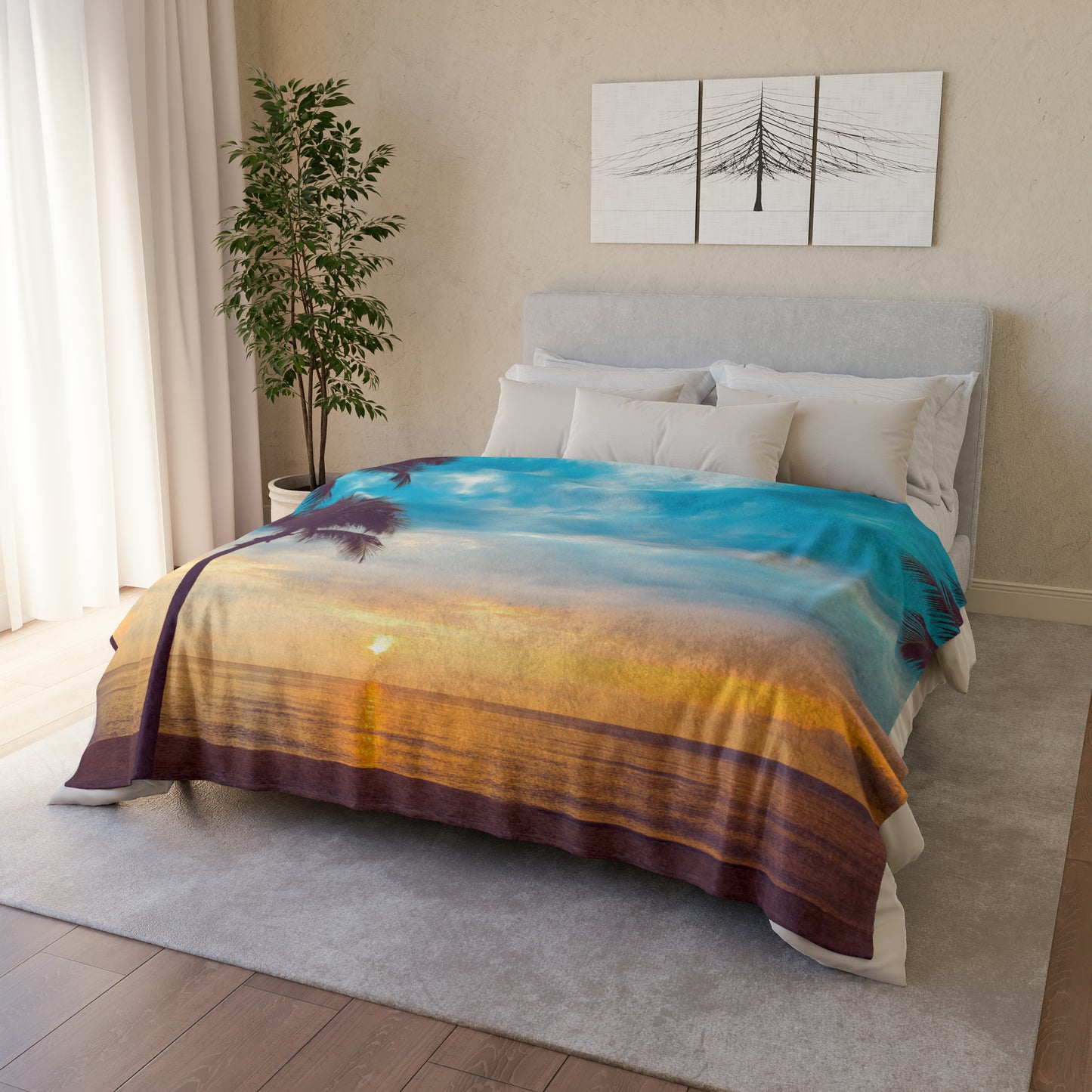 Soft Polyester Blanket Adult/Teen Sunset With Palm Trees Customizable Call 603-377-1833