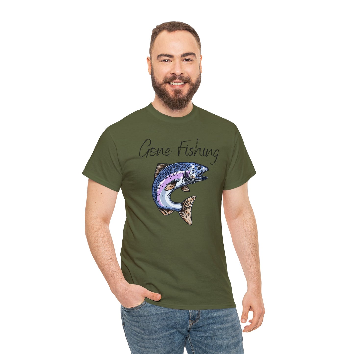 Unisex Heavy Cotton Tee Adult/Teen Activewear Gone Fishing W/ Image of Bass Fish T-shirt Comes in Many Colors