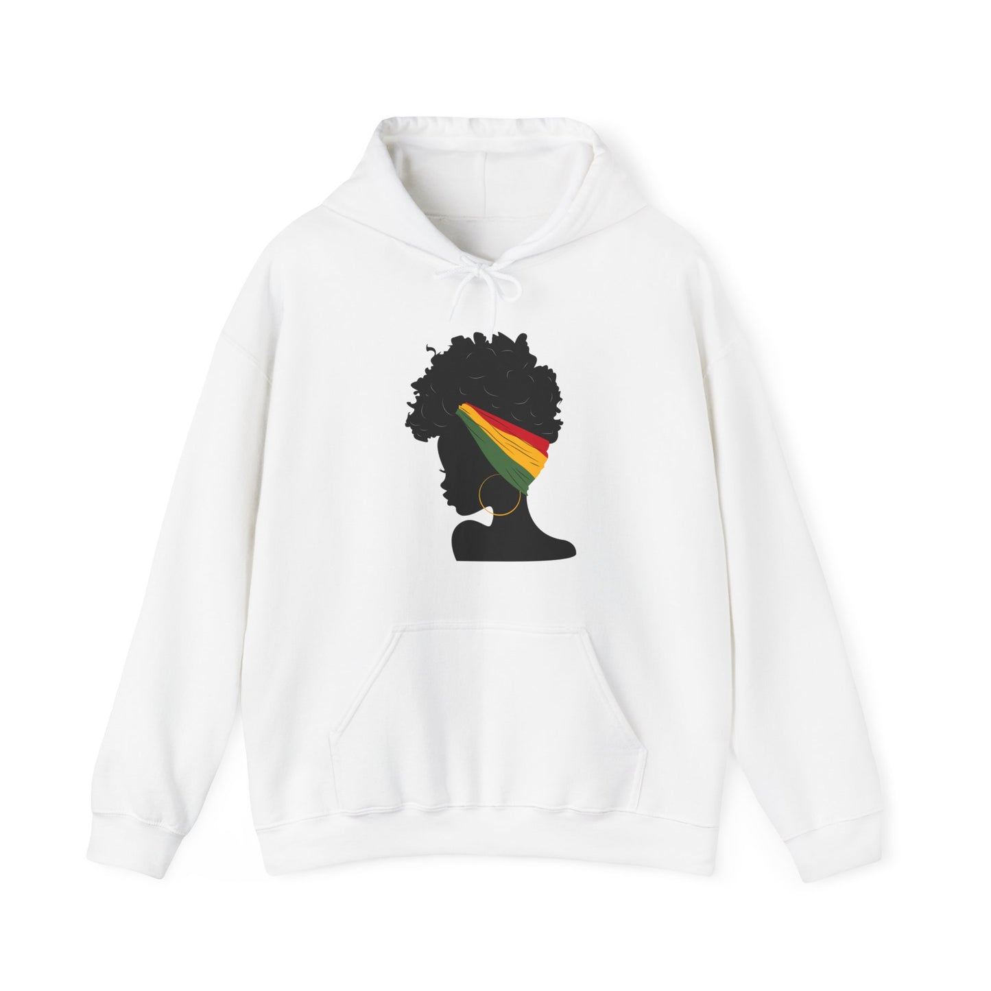 Unisex Heavy Blend™ Hooded Sweatshirt Adult/Teen Activewear Black Woman with African Colors Yellow Green Red Headband