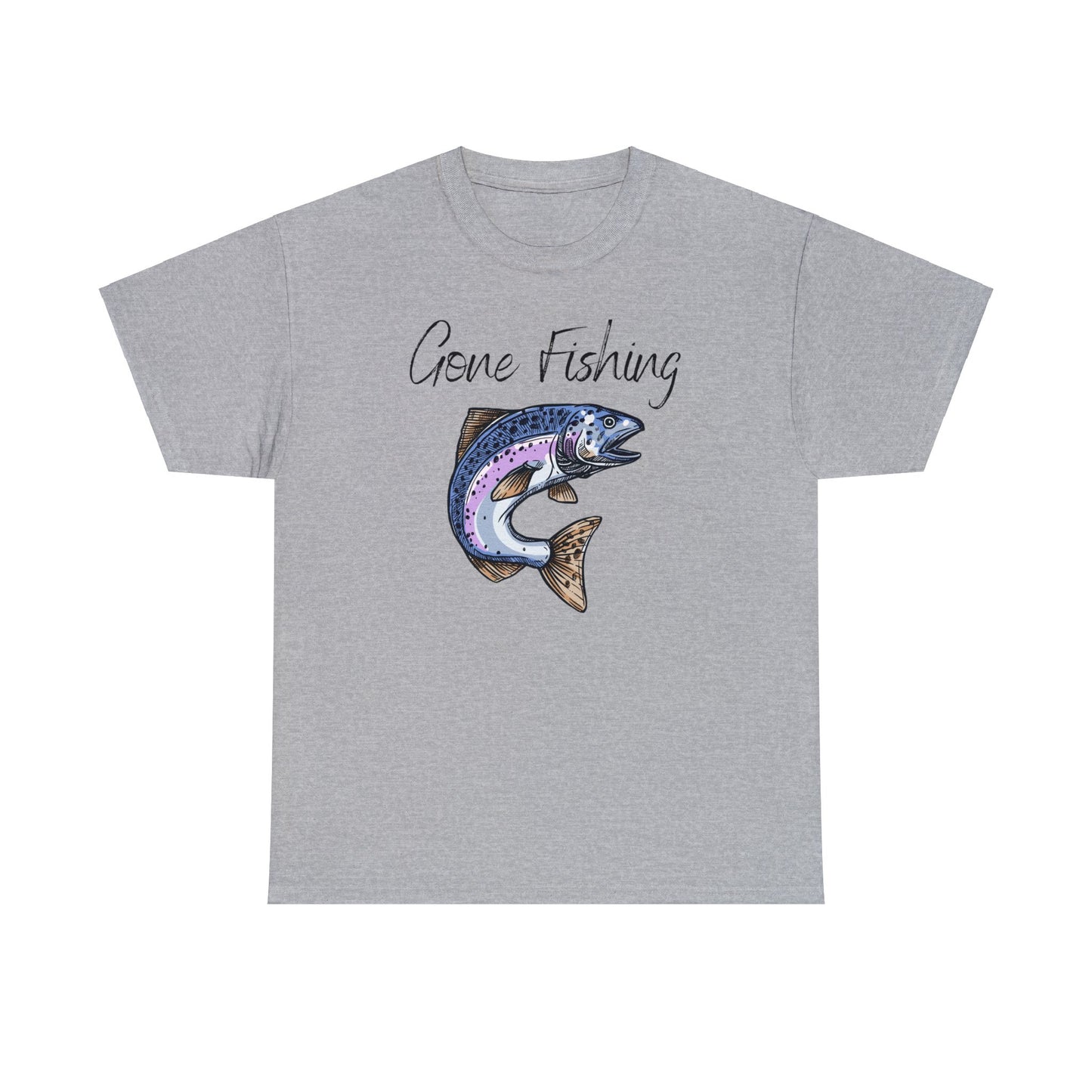 Unisex Heavy Cotton Tee Adult/Teen Activewear Gone Fishing W/ Image of Bass Fish T-shirt Comes in Many Colors