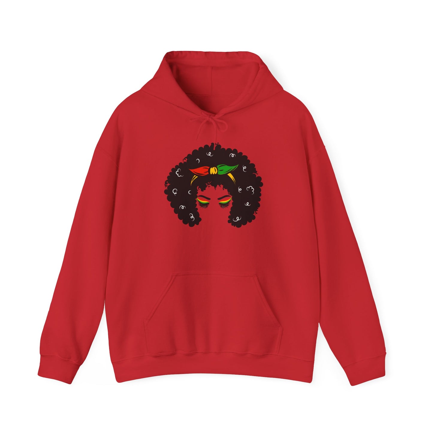 Unisex Heavy Blend™ Hooded Sweatshirt Adult/Teen Activewear African American Woman in Black with Colors Red Green Yellow of African Colors Black Lives Matter on Back in Black Writing