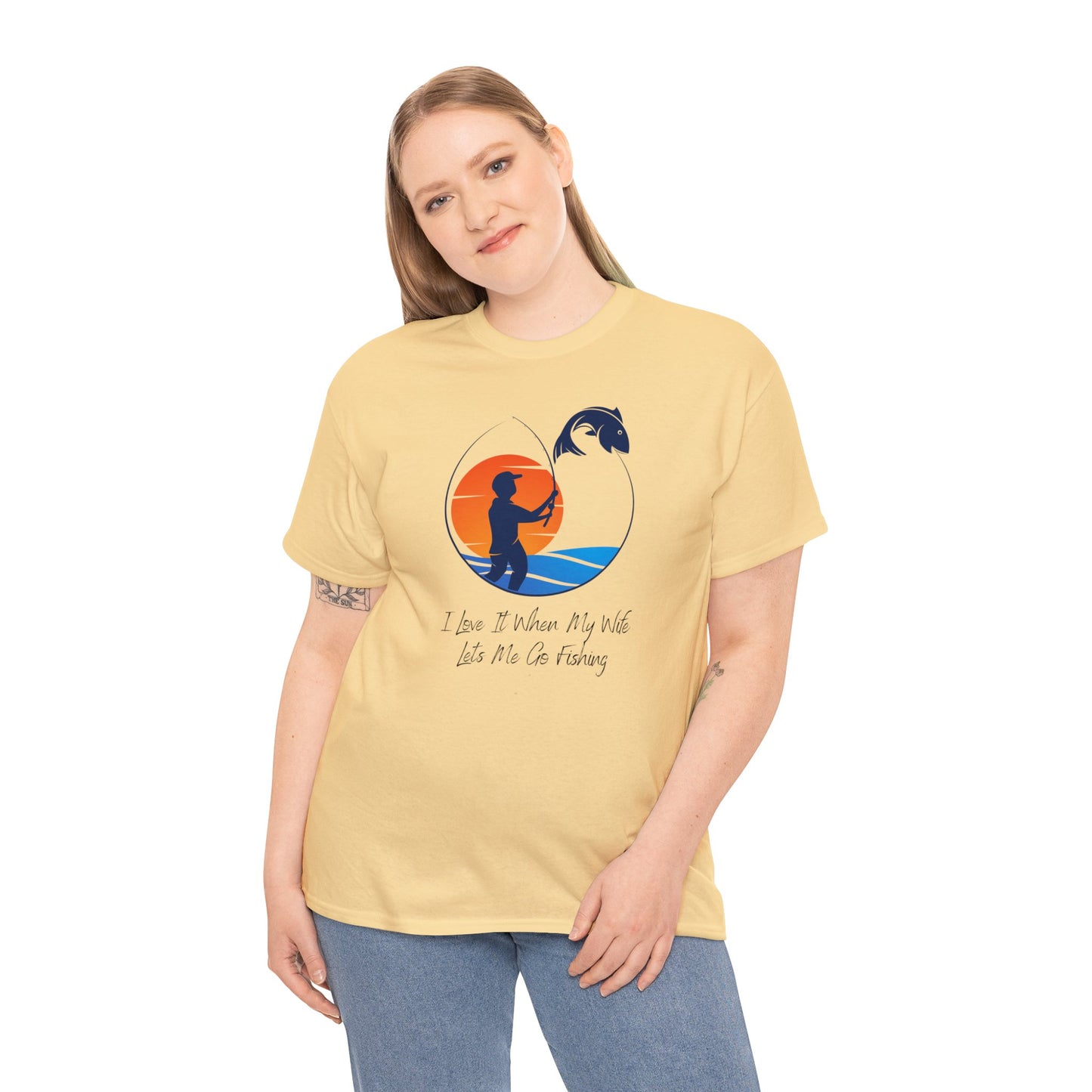 Unisex Heavy Cotton Tee Adult Activewear I Love It When My Wife Lets Me Go Fishing with a Orange Sunset T-shirt Comes In Many Colors