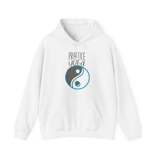 Unisex Heavy Blend™ Hooded Sweatshirt ADULT/TEEN PRACTICE YOGA IN GRY TEAL-BLUE W/ YING/YANG IMAGE BROWN TEAL/BLUE